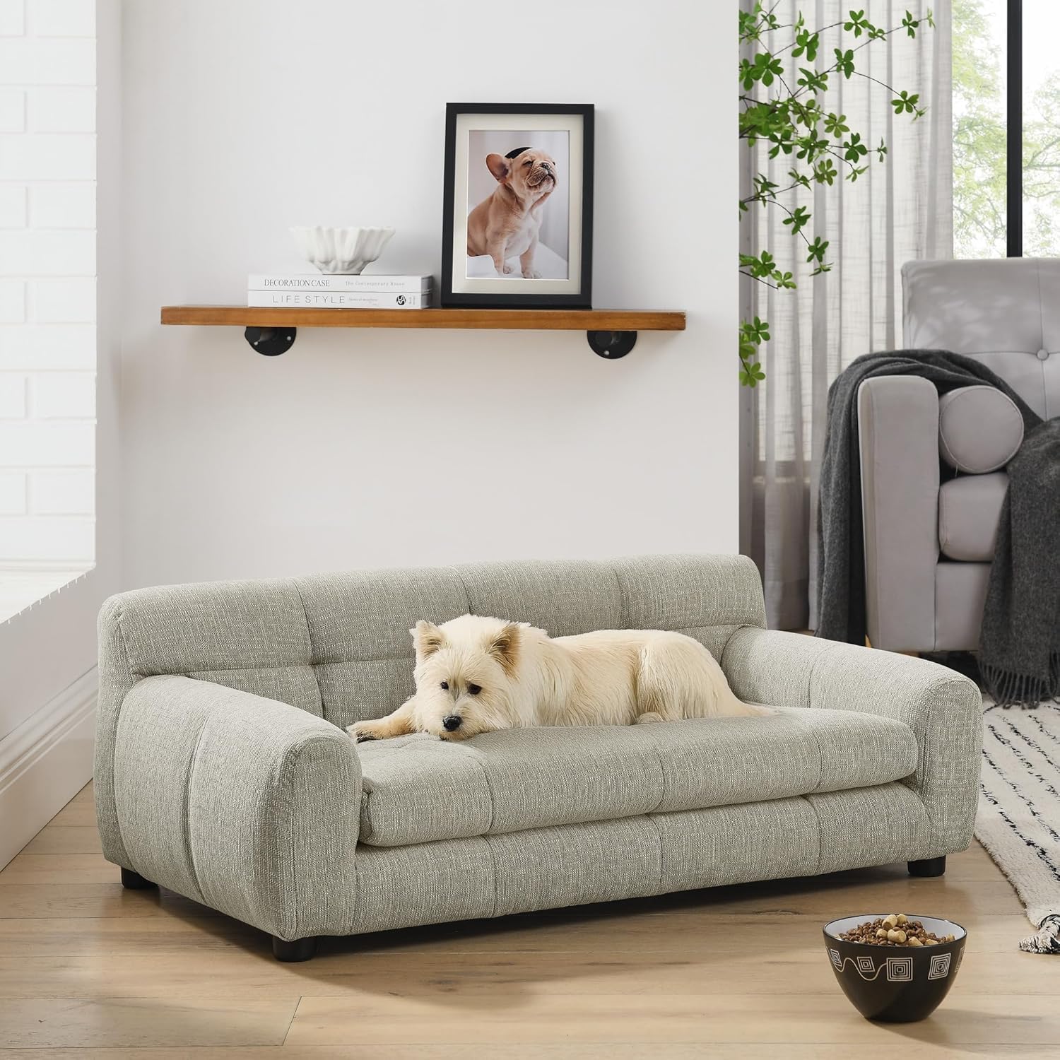 Dog Couch Bed, 38" Sofa for Dogs with Backrest and Armrest, Durable Pet Sofa with Soft Foam Cushion, Elevated Dog Couch Bed with Legs for Medium Dogs, Beige