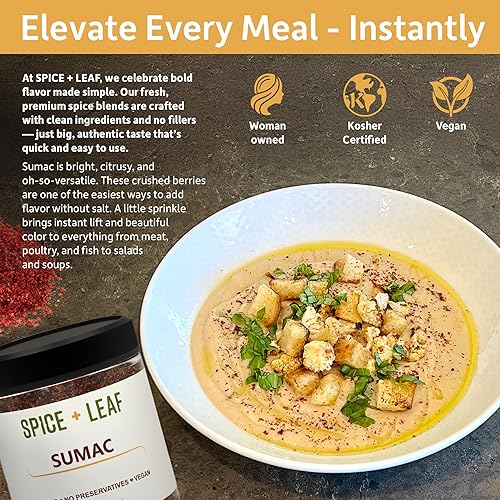 Miniatura 3 de SPICE + LEAF - Especias de zumaque molido prémium – Hierba molida vegana kosher sin conservantes roja de Oriente Medio, 3.5 onzas