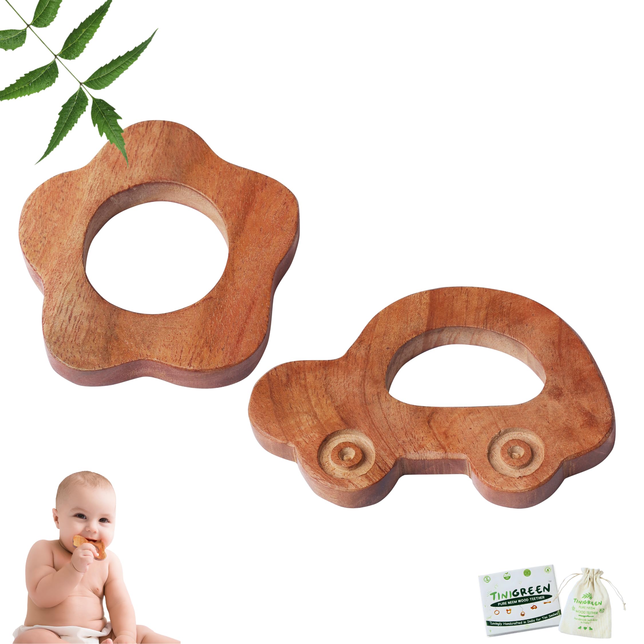 Neem Wooden Baby Teether Star & Car Shape Natural Teething Toy for Infants 3–12 Months Antibacterial Neem Wood (Pack of 2)-image-9