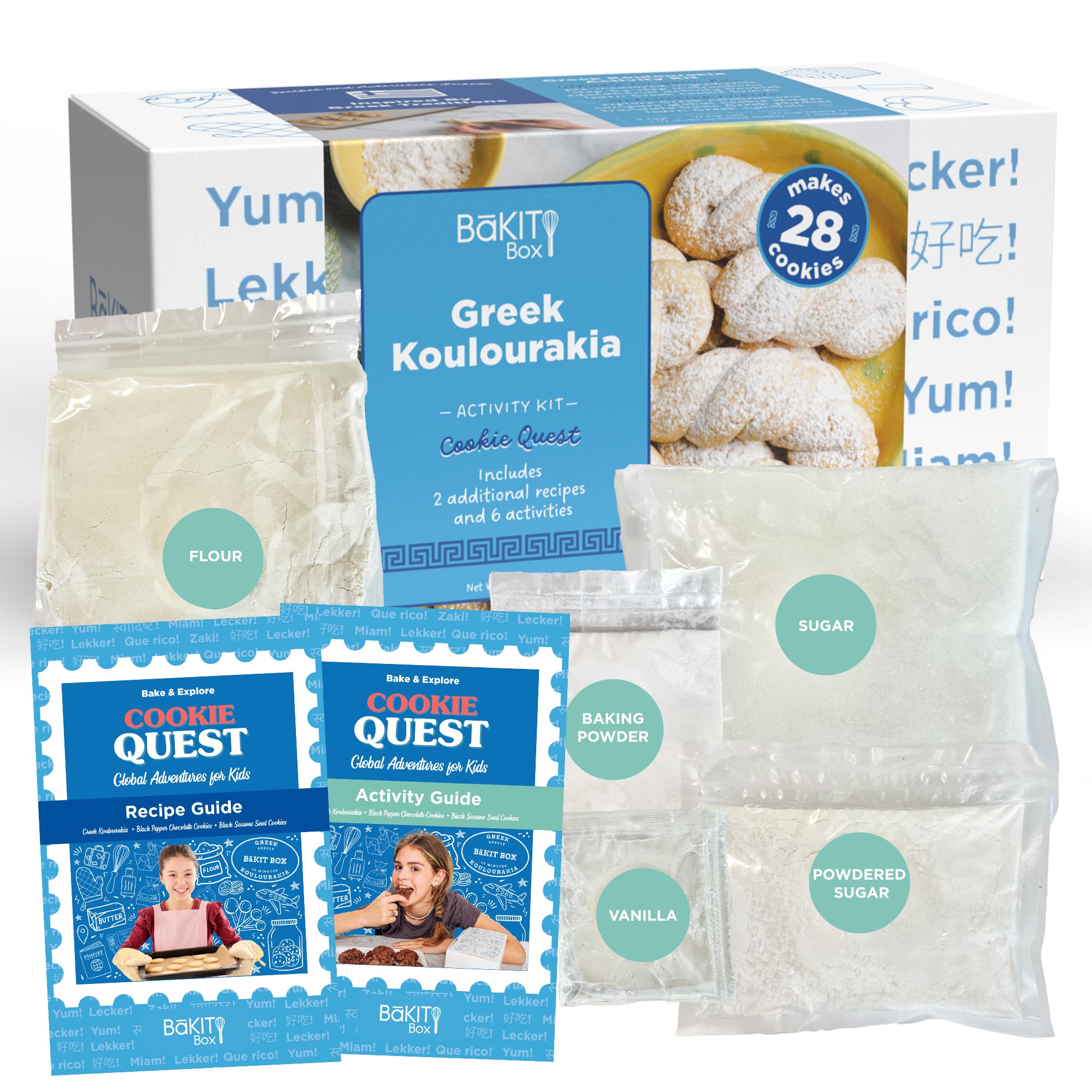 BāKIT Box Griechisches Koulourakia-Plätzchen-Set, Kinder-Backgeschenk mit gedrucktem Rezept und Aktivitätsanleitung, machen Sie griechische Twist-Kekse + Wörter und Symbole lernen