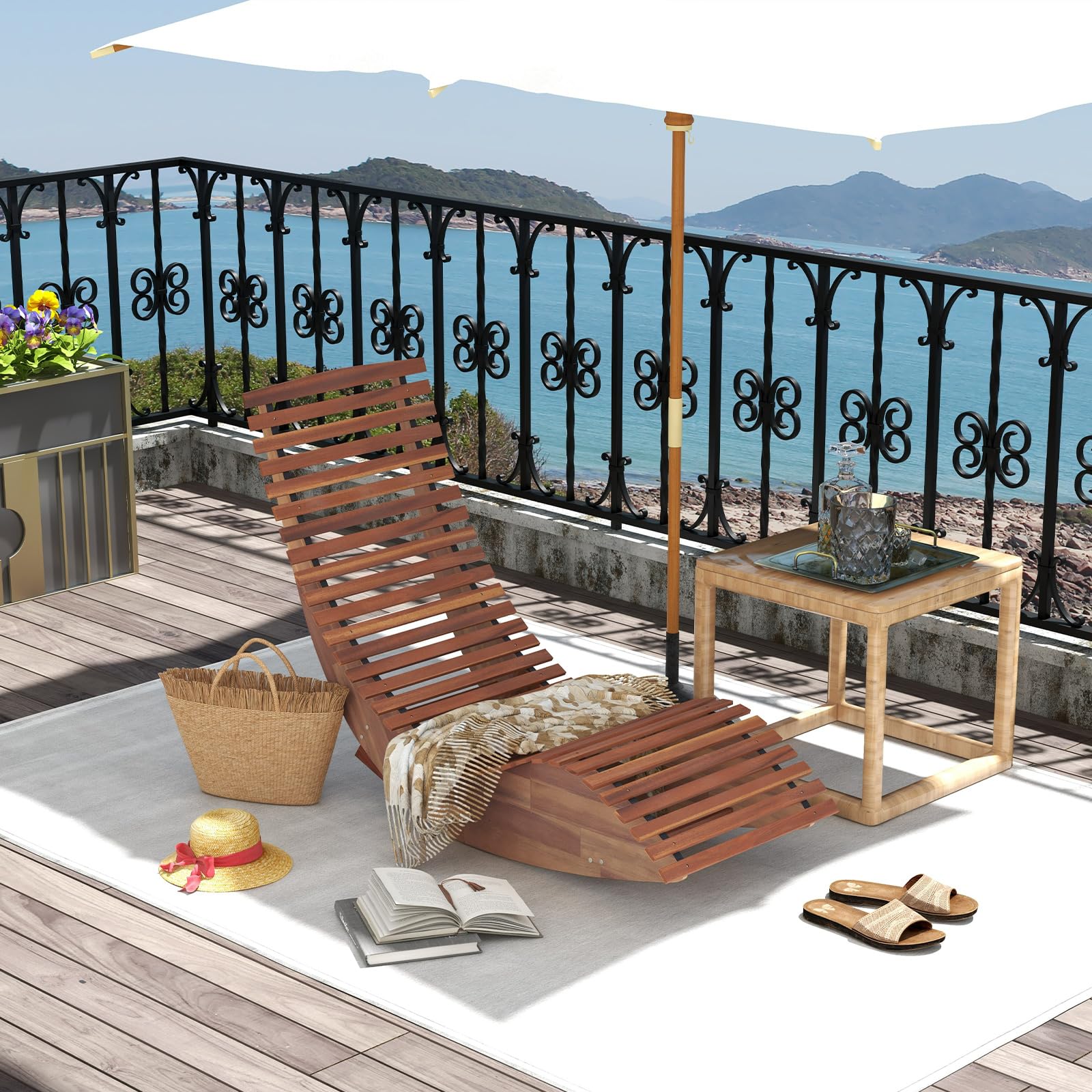 COSTWAY Tumbona Mecedora de Acacia, tumbonas Jardin Exterior con Asiento de Listones Ensanchados y Respaldo Alto, Silla Mecedora Jardin Terraza Exterior,157 x 60 x 76 cm, Carga 160kg, Natural (1)
