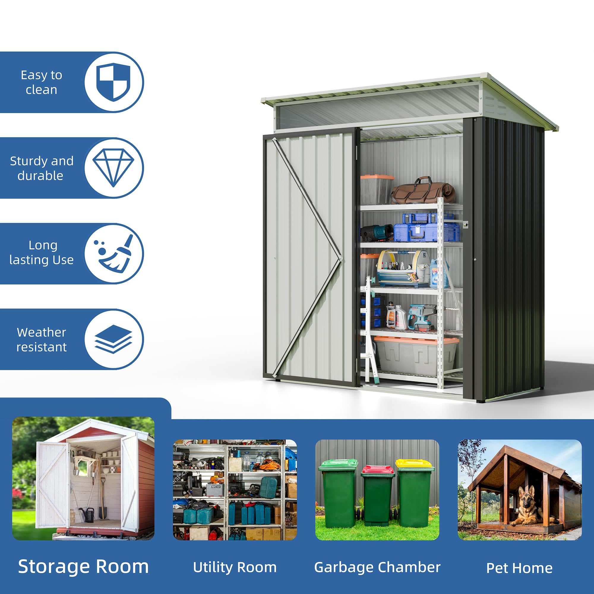 JYQAQA 5x3 FT Outdoor Garden Storage Shed, Waterproof Metal Garden Sheds with Window and Lockable Double Door, Weather Resistant Steel Tool Storage House Shed for Patio, Lawn Dark Gray