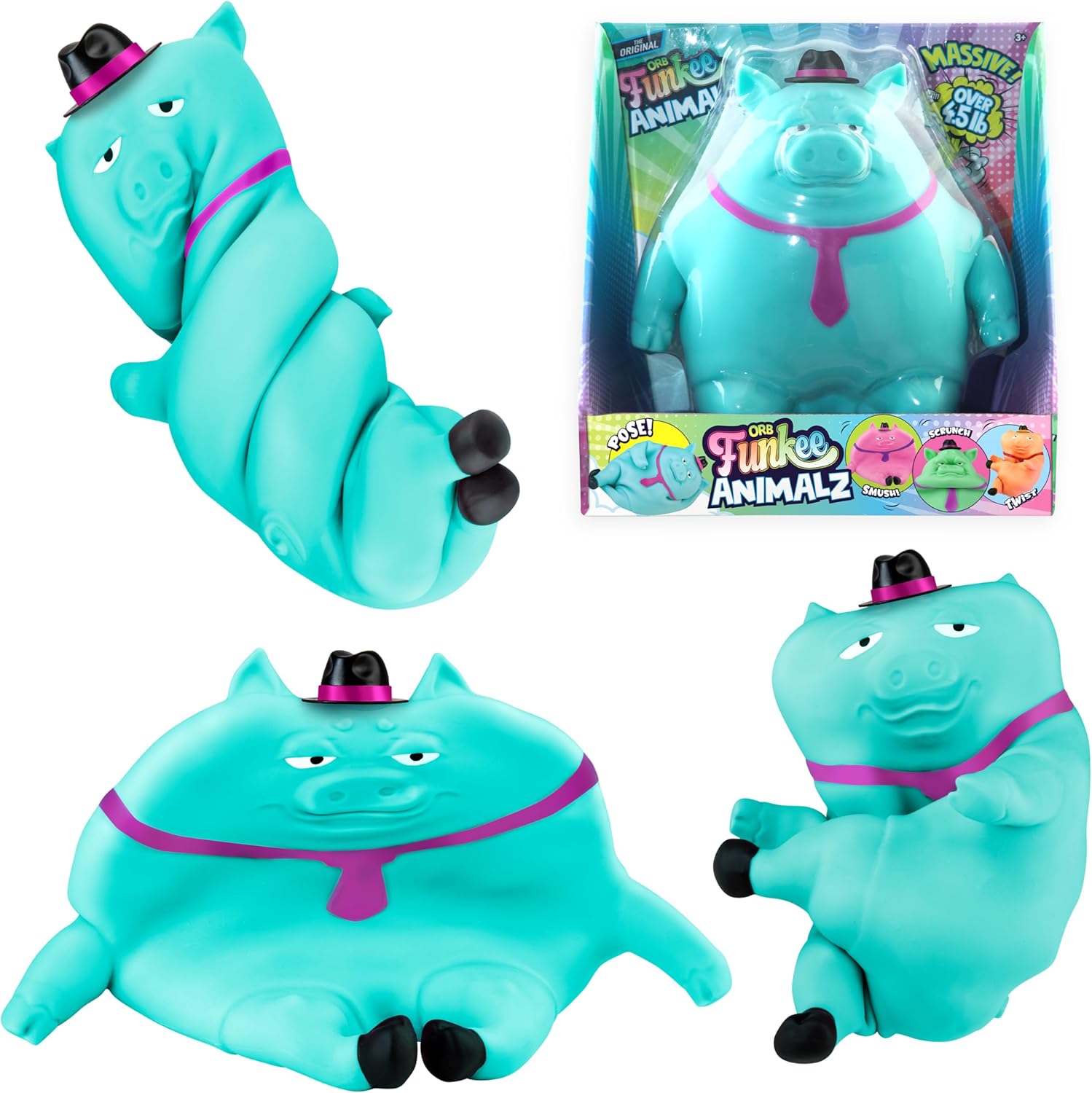 ORB Funkee Animalz Jumbo Pig with Hat (Teal) - Big 4.5 lb Stretchy Pig - Funny, Squishy, Squeeze for Stress Relief - Novelty Sensory and Fidget Collectible Funkee Animals Toys for Kids and Adults