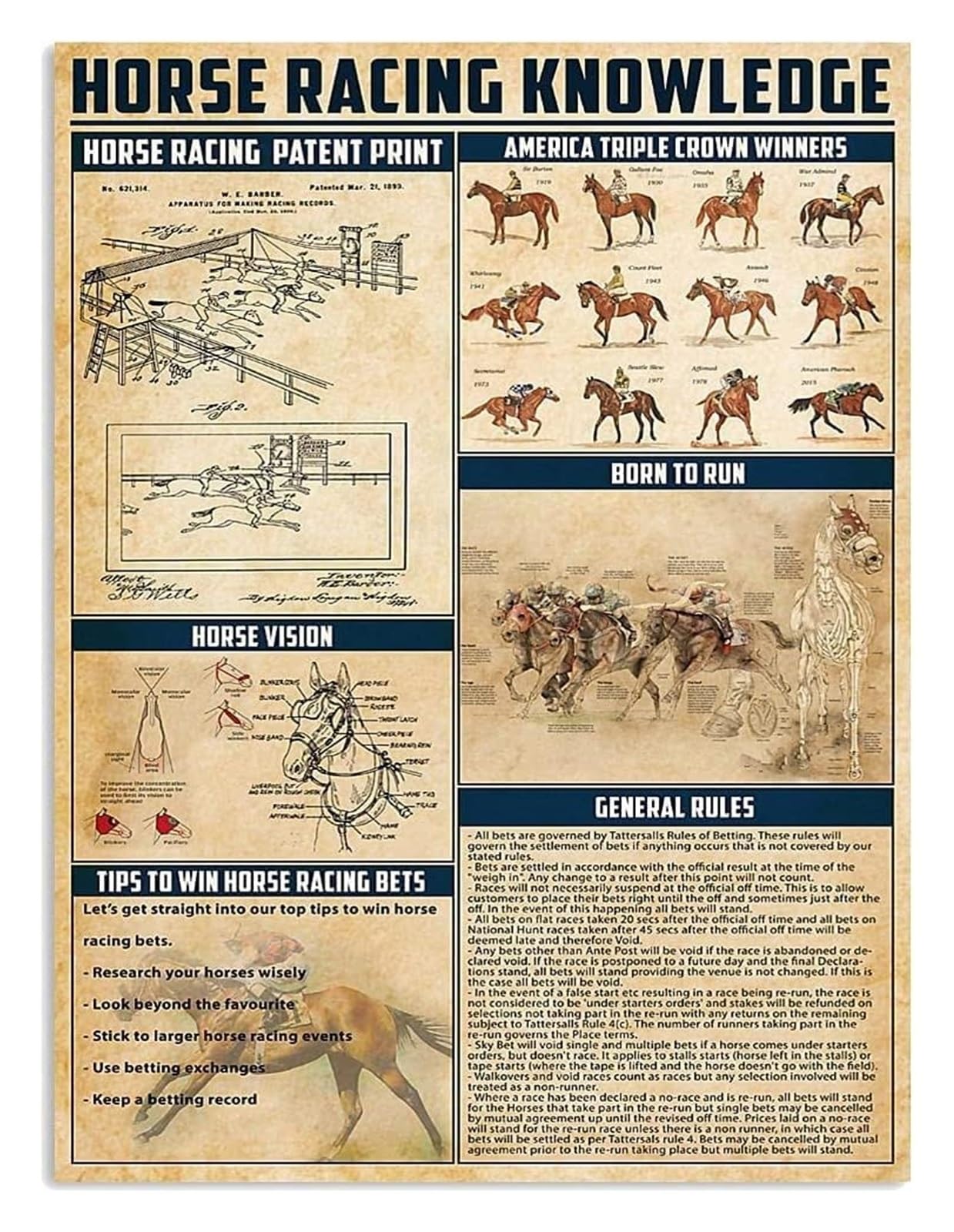 EKFBQBGW Man Cave Horse Racing Sign Equestrian Knowledge Retro Metal Tin Poster for Game Room Barn Farmhouse Rustic Wall Decor 8 X 12 inch
