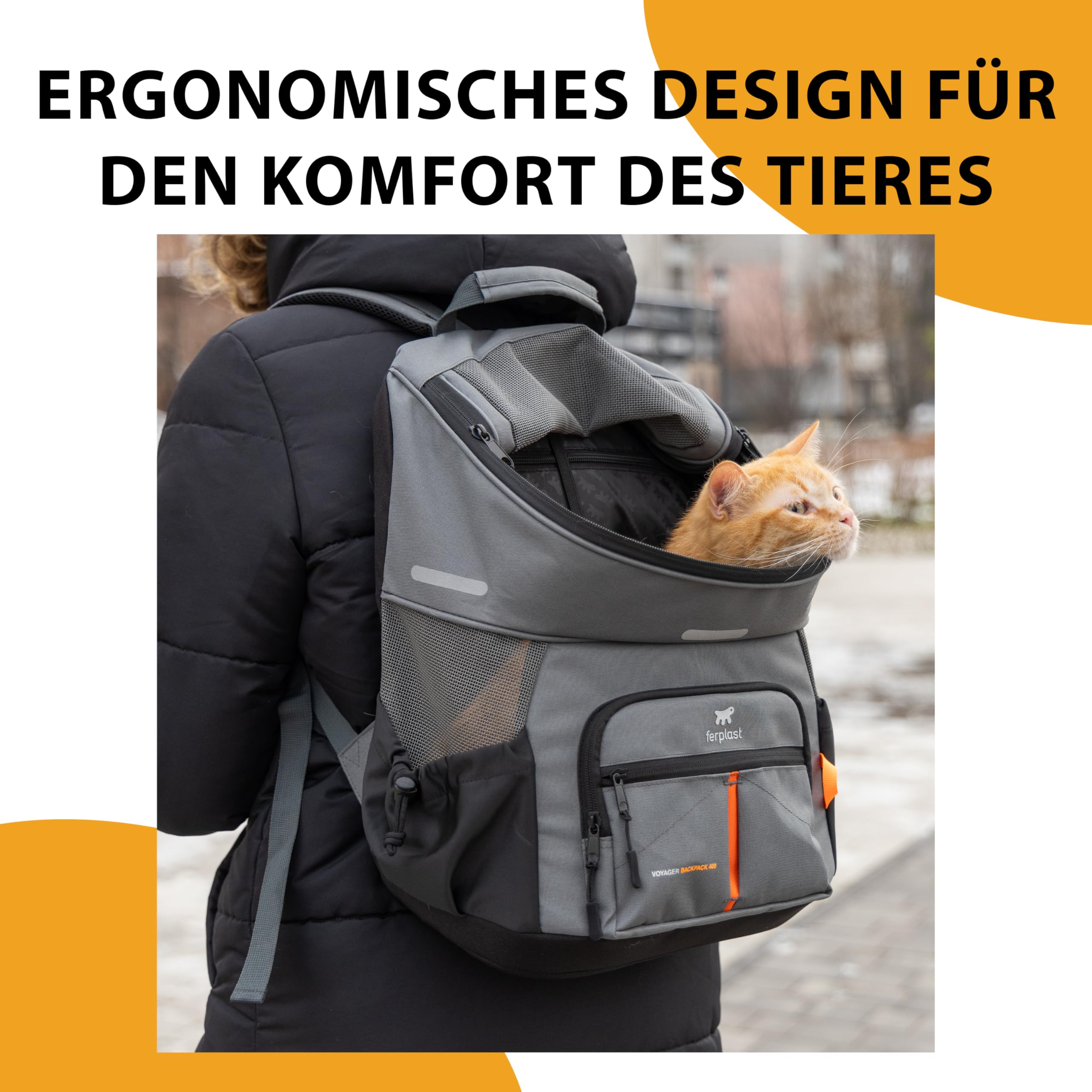 Ferplast Hunderucksack Voyager Backpack, Katzenrucksack, Hundetasche, Hundebox, Weite Öffnung, verstellbare Gurte, Sicherheitsgurt, mit Kissen, max. 10 kg, 29 x 21 x 36 H, Grau