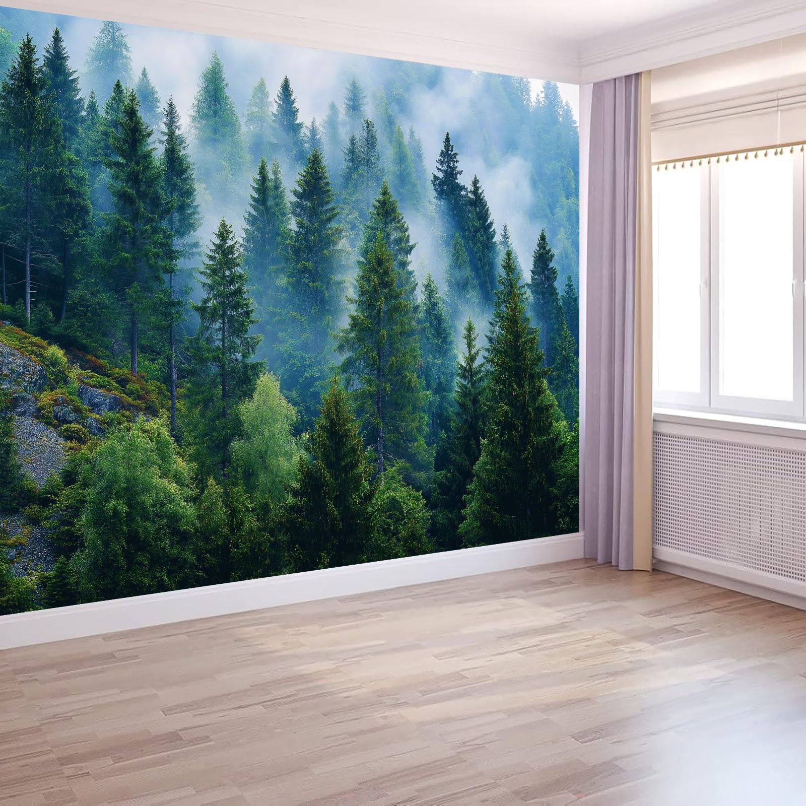 Tapeta Scandi Natura Las Mgła Poranne liście 200 x 140 cm - Fototapeta z TNT Efekt 3D, Gigantyczny plakat Dekoracja ścienna do salonu, sypialni i biura - zielony szałwiowy