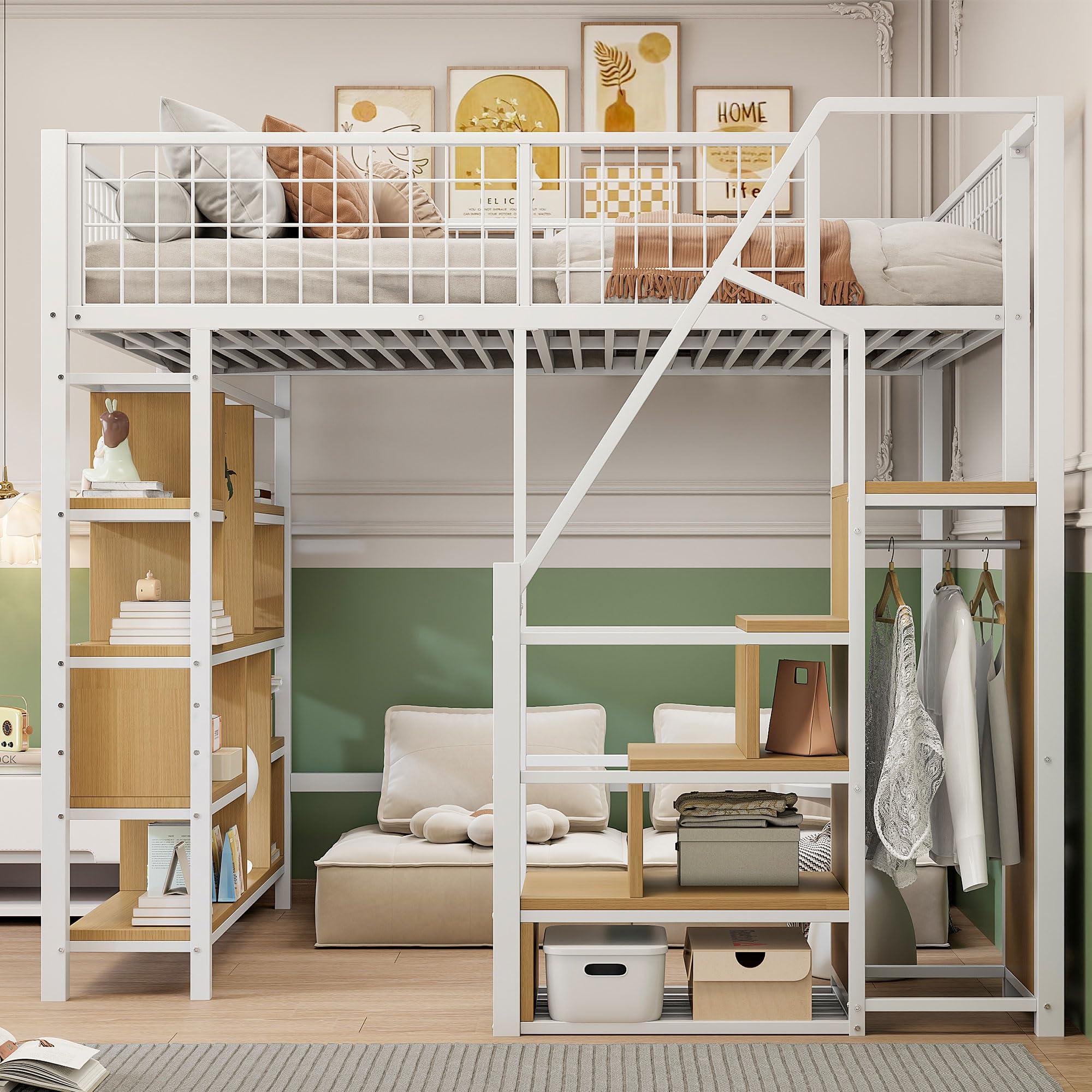 Merax Métal Lit Mezzanine 140 x 200 cm avec Étagère, Multifonctionnel Lit Mezzanine 2 Place avec Espace de Stockage, pour Enfant, Blanc (sans Matelas)