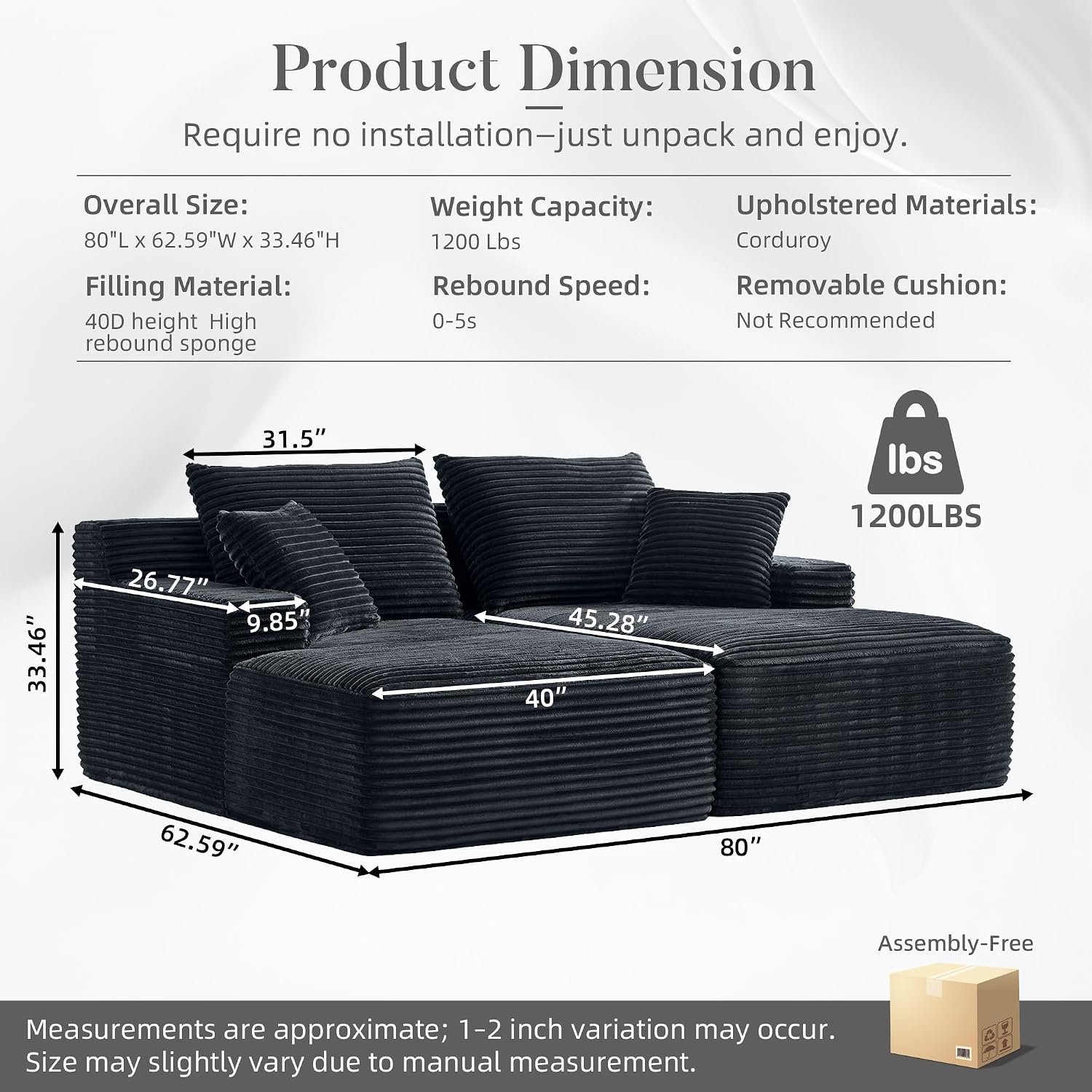 80" Double Chaise Lounge Chair Indoor ,Chaise Lounge Chair Indoor ,Corduroy Double Recliner Chaise Lounge fo Bedroom ,No Assembly Required - 40D high-density sponge ,reading/relaxation/afternoon nap | Corduroy, No Assembly Required, 60" Deep, （Black）
