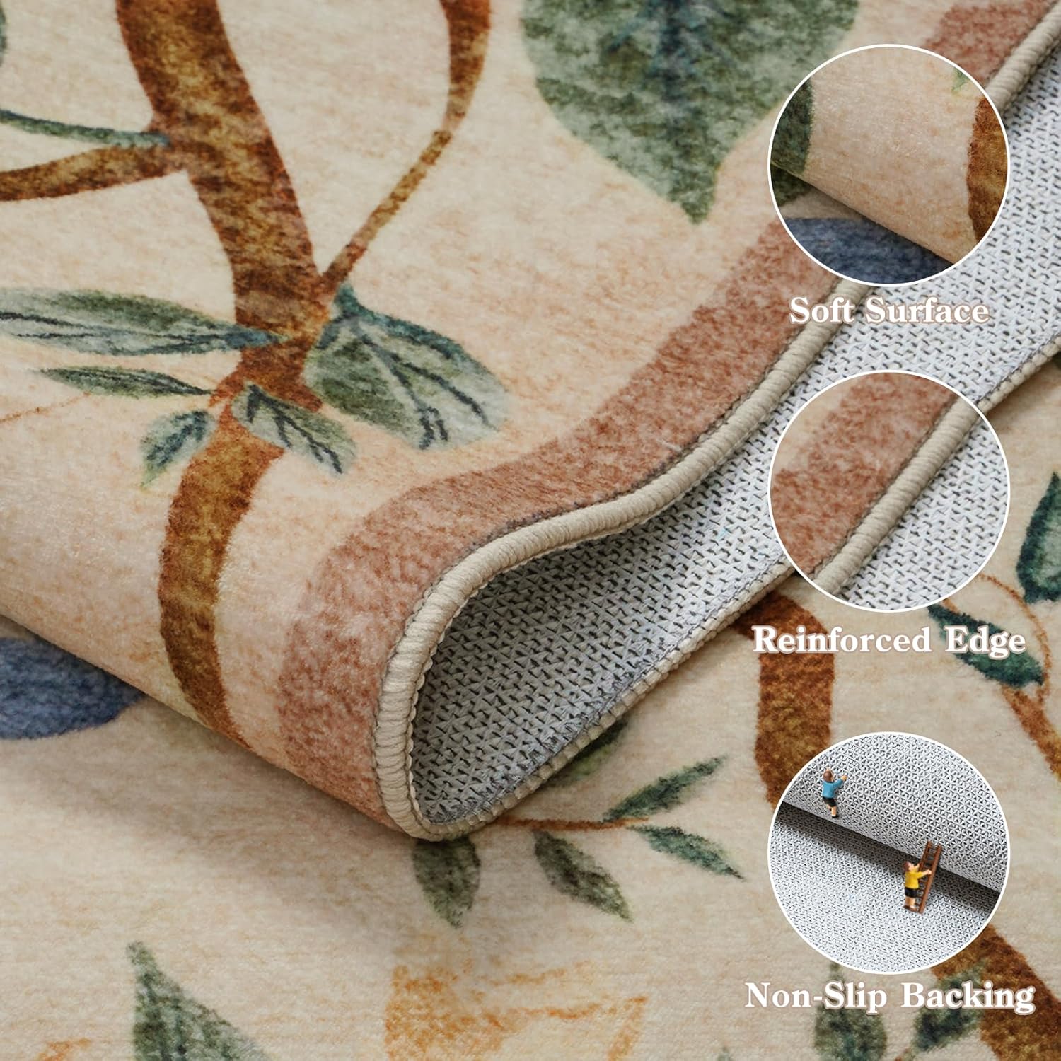 Collive Washable Area Rugs for Living Room, Beige 5x7 Bedroom Rug, Floral Forest Botanical Flourishing Vines Soft Non-Slip Stain Resistant Boho Carpet for Dining Room Office
