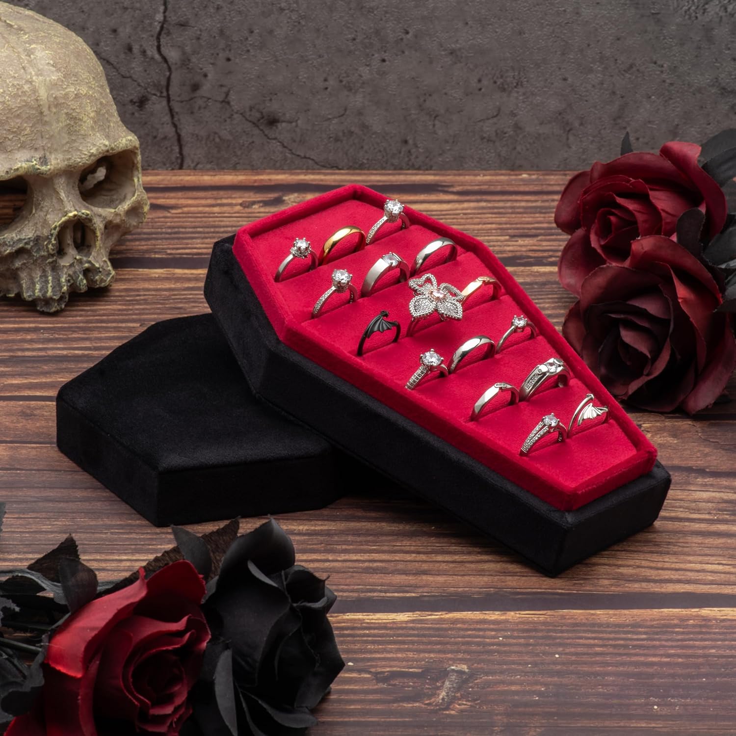 Large Velvet Coffin Ring Box Jewelry Tray Travel Case Hold Up 15 Rings for Accessories Gothic Home Jewelry Organizer Decorations Goth Decor Gifts (Black and Red)