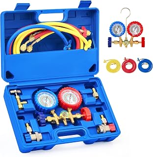 Orion Motor Tech AC Manifold Gauge Set for R134a R12 R22 R502 - Antishock Gauges, Color-Coded Hoses, Couplers & Freon Recharge Kit