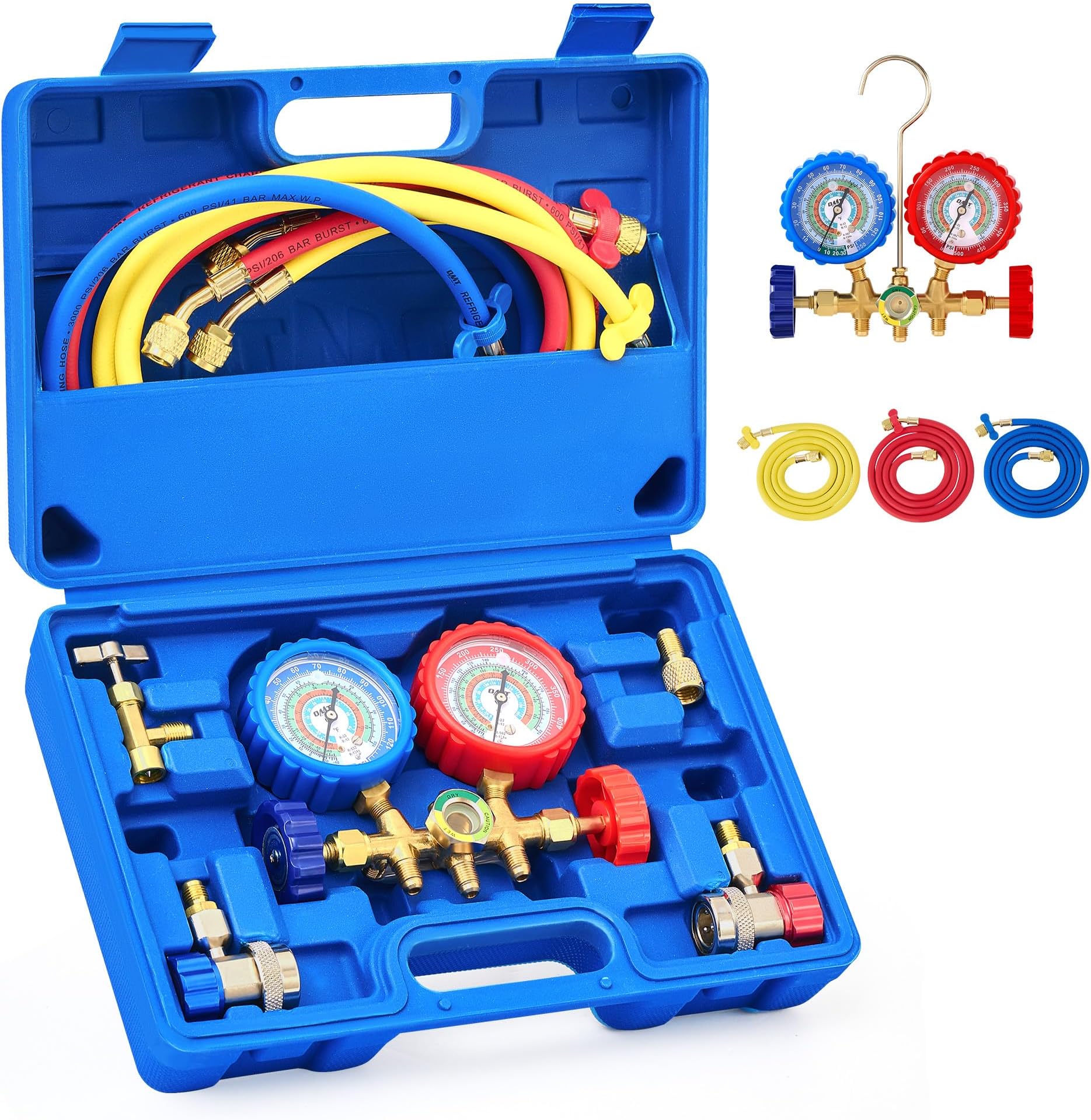 Orion Motor Tech 3-Way AC Manifold Gauge Set for R134a R12 R22 R502, Automotive Freon Recharge Kit with Anti-Shock Gauges, Hoses, Couplers & Puncturing Can Tap