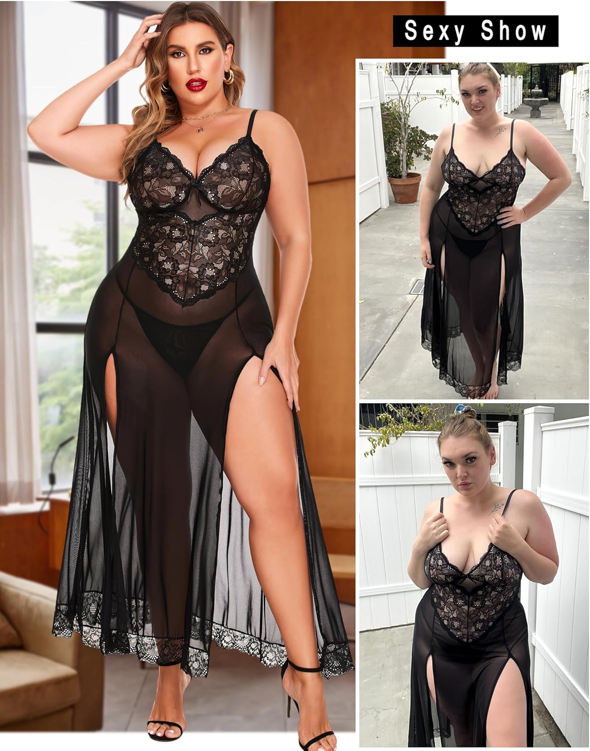 Avidlove Plus Size Lingerie for Women Sexy Lace Babydoll Long Lingerie Dress Side Split Nightgown - Image 5