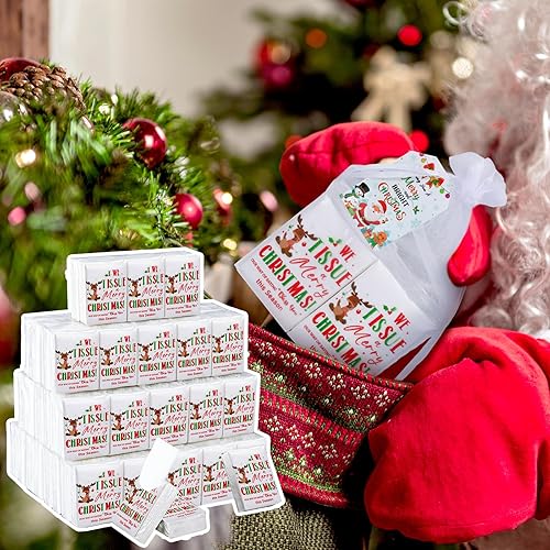 Miniatura 59 de Ctosree Paquete de 50 pañuelos de bolsillo de Navidad, paquetes de viaje de Feliz Navidad, 500 hojas, copos de nieve, pequeños pañuelos