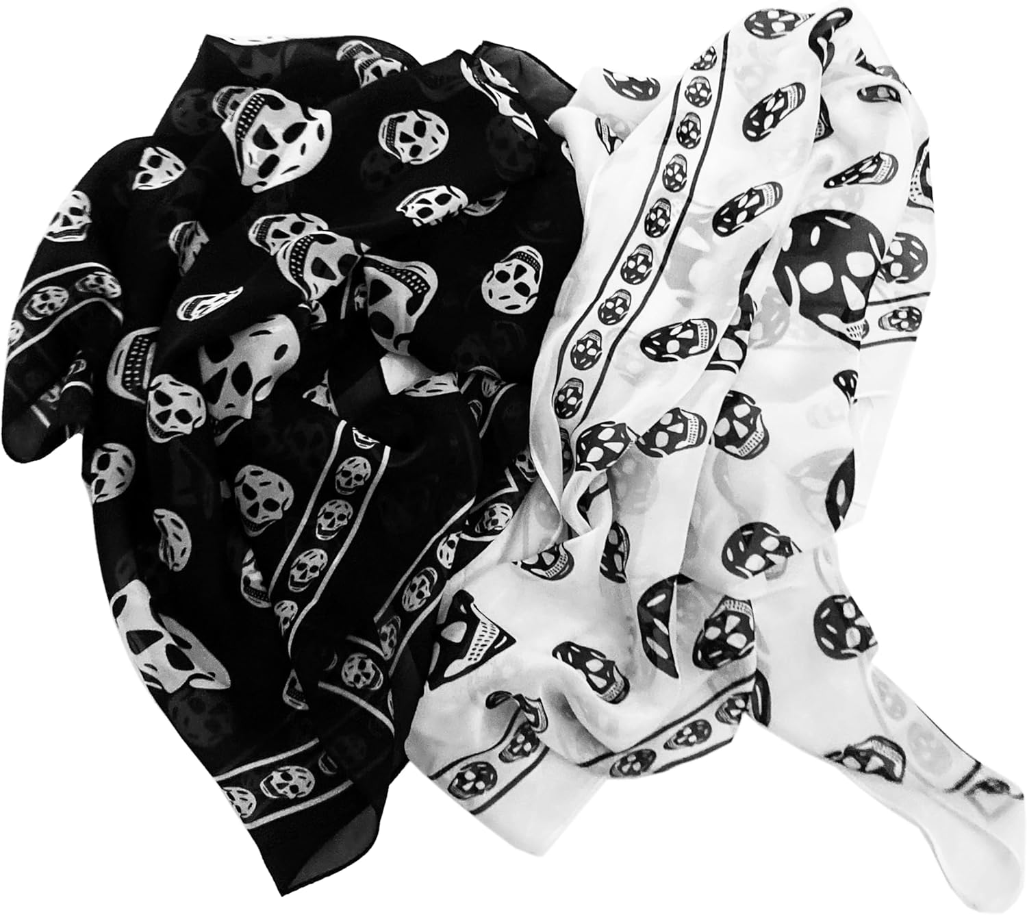 Mazeology Skull Scarf Genuine Pure Silk Chiffon, Black with White Skull Pattern, 36 Inch Square, Gothic Punk Accessory for Women and Men