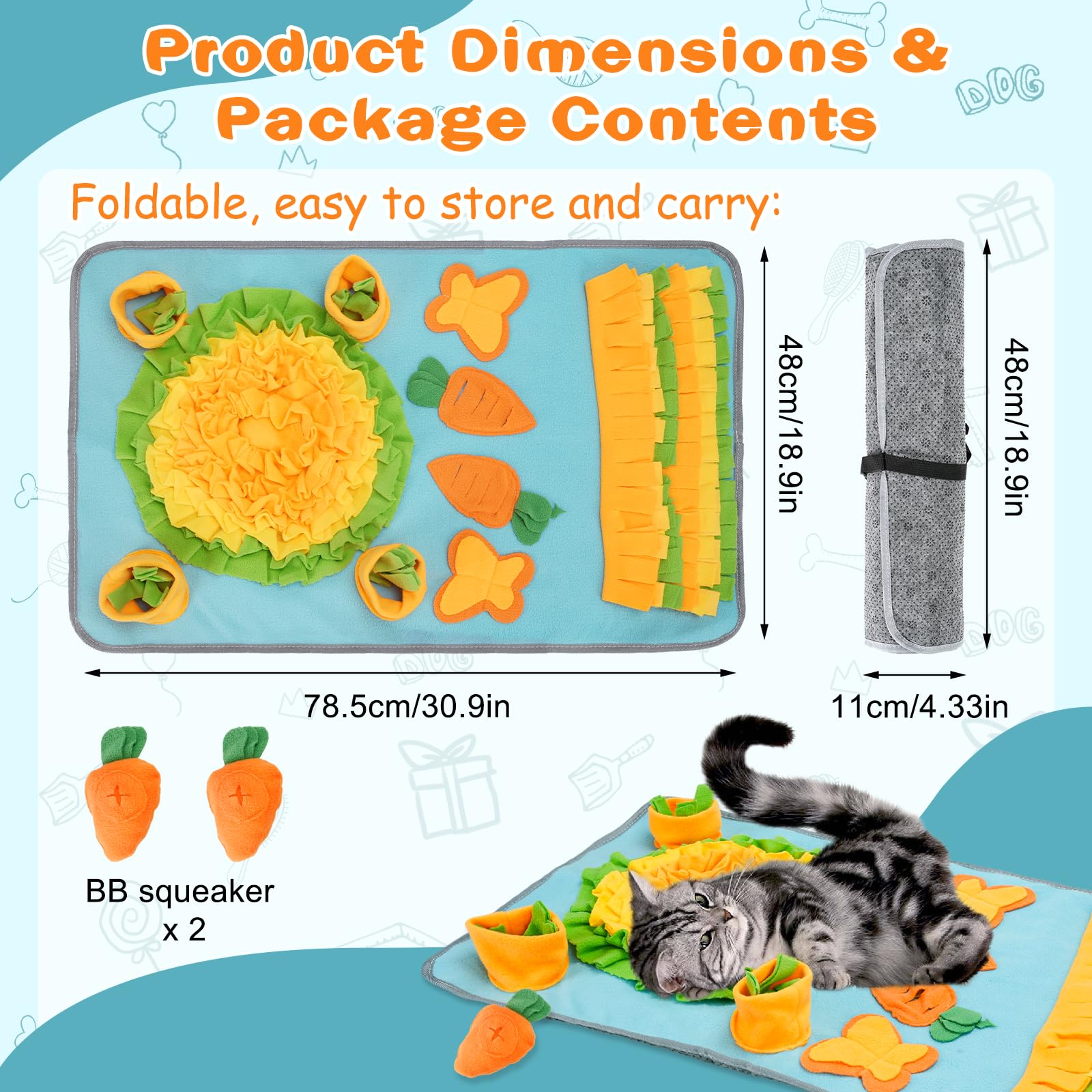 DEWEL Alfombra Olfativa Perros, Snuffle Mat con Zanahorias con Sonido, Juguete Interactivos para Perros, Manta de Actividades Mascota Plegable y Lavable, 78.5x48 cm (Azul Cielo)