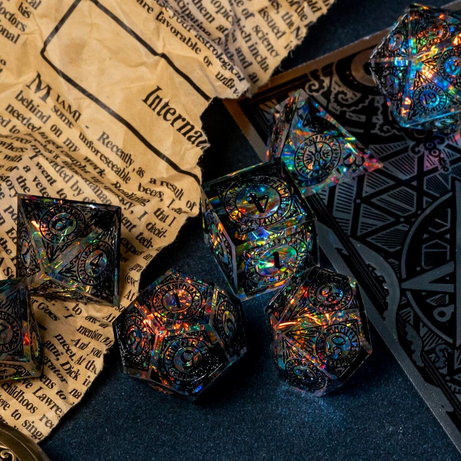Cusdie Sharp Edges Dice DND, 7 PCs D&D Dice, Handcrafted Polyhedral Dice Set, for Role Playing Game (Black Pattern)