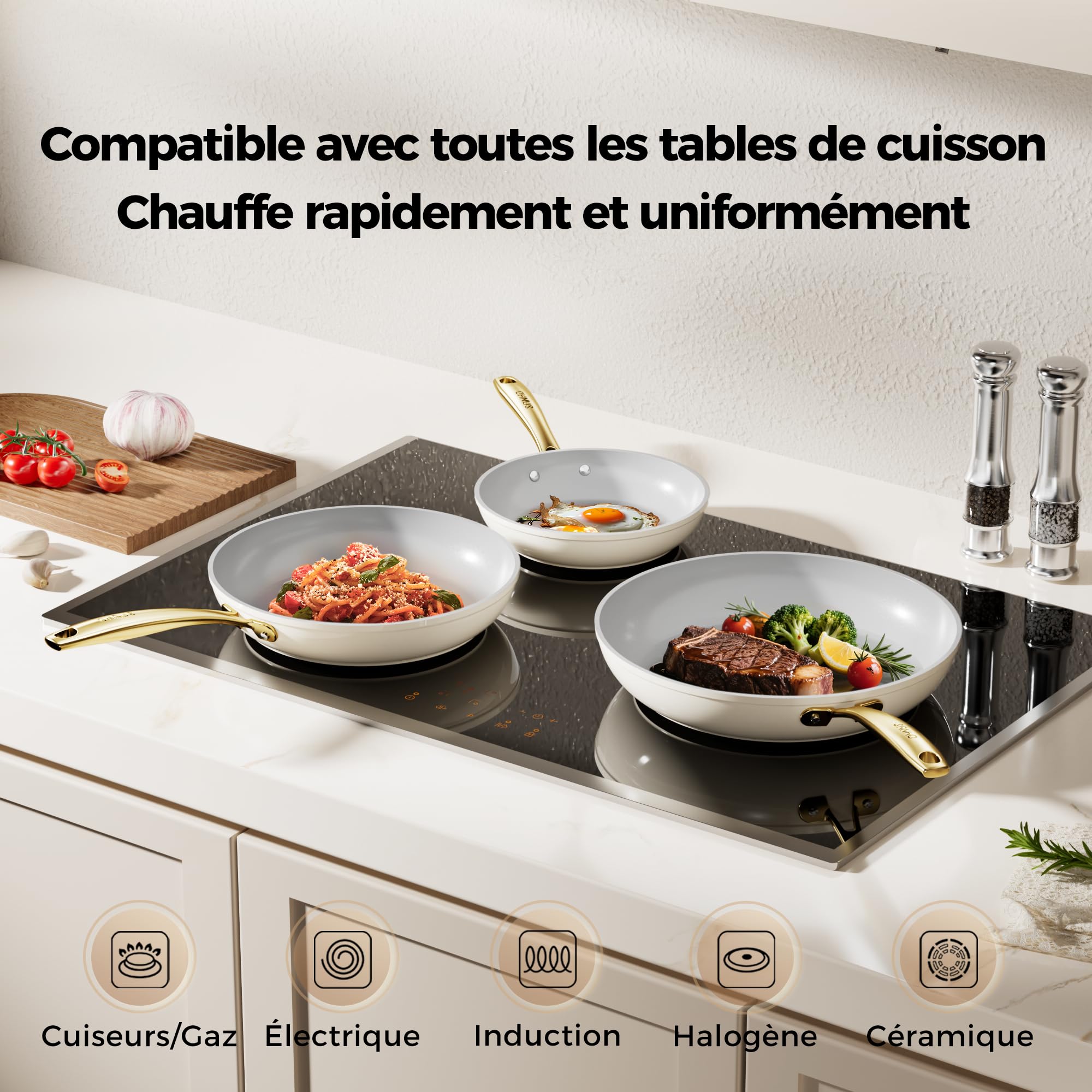 Sanho Set de 3 poêles céramique (20/26/30cm) | Antiadhésif Diamant-Titanium pour induction | Sans PFAS, PFOA, PTFE | Pour toutes cuisinières | Résiste au four jusqu’à 260°C & Lave-vaisselle | Beige