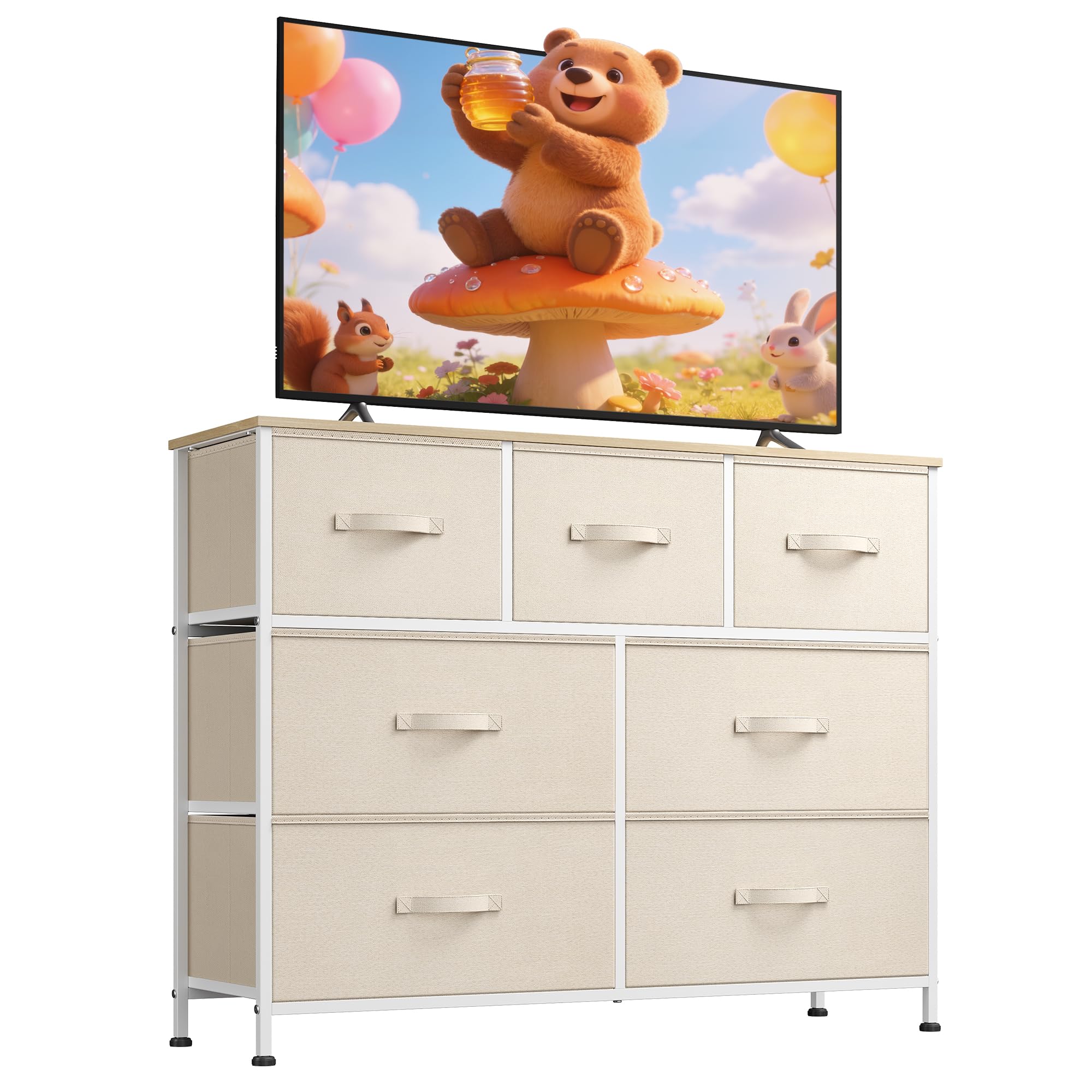 WLIVE 7 Drawer Dresser TV Stand, Entertainment Center, Media Console Table with Metal Frame and Wood Top for TV up to 45 inch, Chest of Drawers for Bedroom, Living Room, Cream White