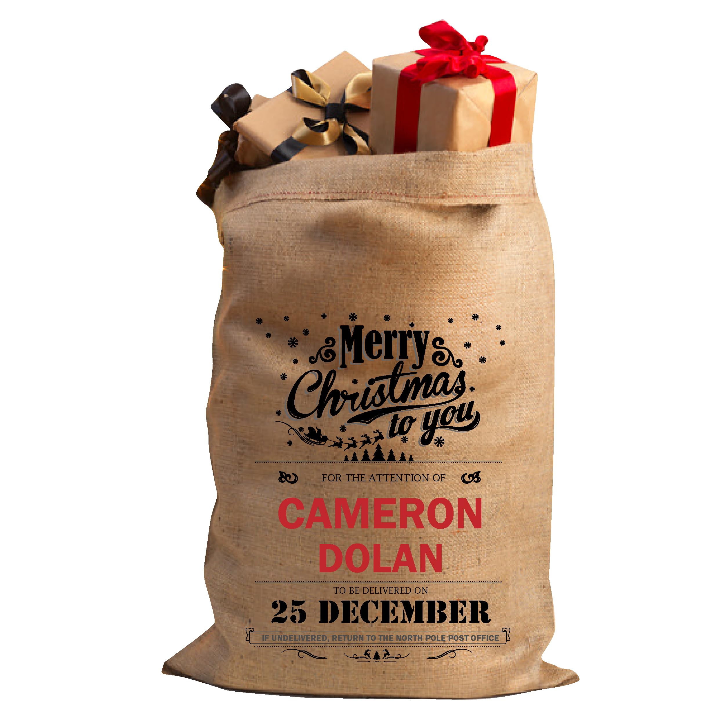 StickersWall Personalised Christmas Santa Sack Stocking Xmas Sack Extra Large Hessian Traditional Stocking Christmas Bag Reusable Holiday Present Bag (Merry Christmas)