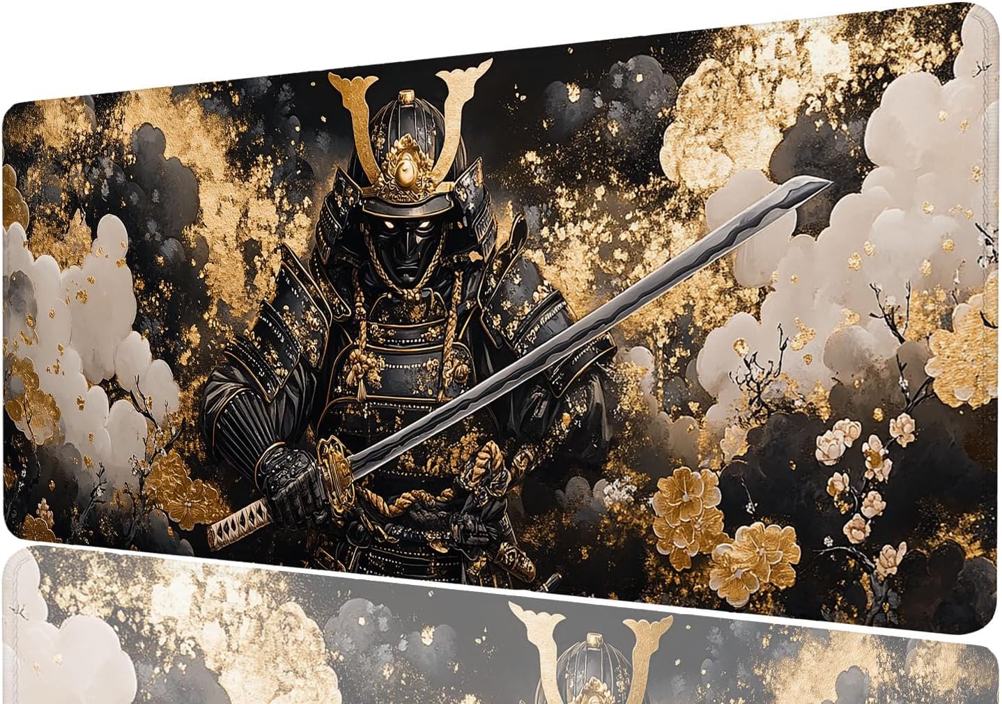 Samurai Desk Mat Gold Japanese Gaming Anime Cloud Gaming Mouse Pad Mat with Stitched Edge Non-Slip Base Big Mouse Pad Office Computer Keyboard Laptop Home, 31.5x11.8 Inch