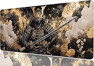 Samurai Desk Mat Gold Japanese Gaming Anime Cloud Gaming Mouse Pad Mat with Stitched Edge Non-Slip Base Big Mouse Pad Office Computer Keyboard Laptop Home, 31.5x11.8 Inch