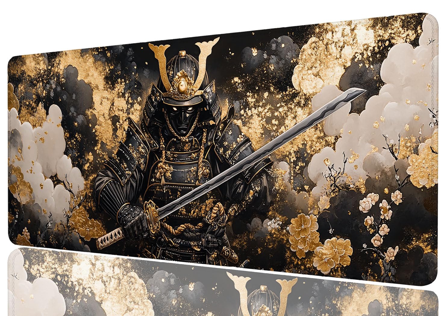 Samurai Desk Mat Gold Japanese Gaming Anime Cloud Gaming Mouse Pad Mat with Stitched Edge Non-Slip Base Big Mouse Pad Office Computer Keyboard Laptop Home, 31.5x11.8 Inch