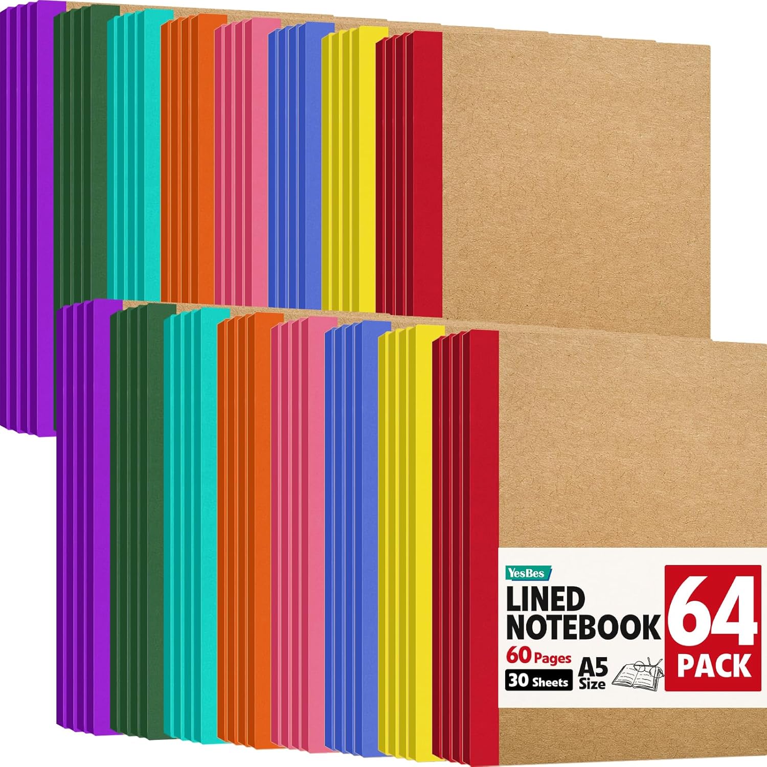 64 Pack Composition Notebooks Bulk, A5 Kraft Cover Lined Journaling Notebooks, 8.3”x 5.5” Travel Notebook for School Office Students Artists, 8 Colors 60 Pages