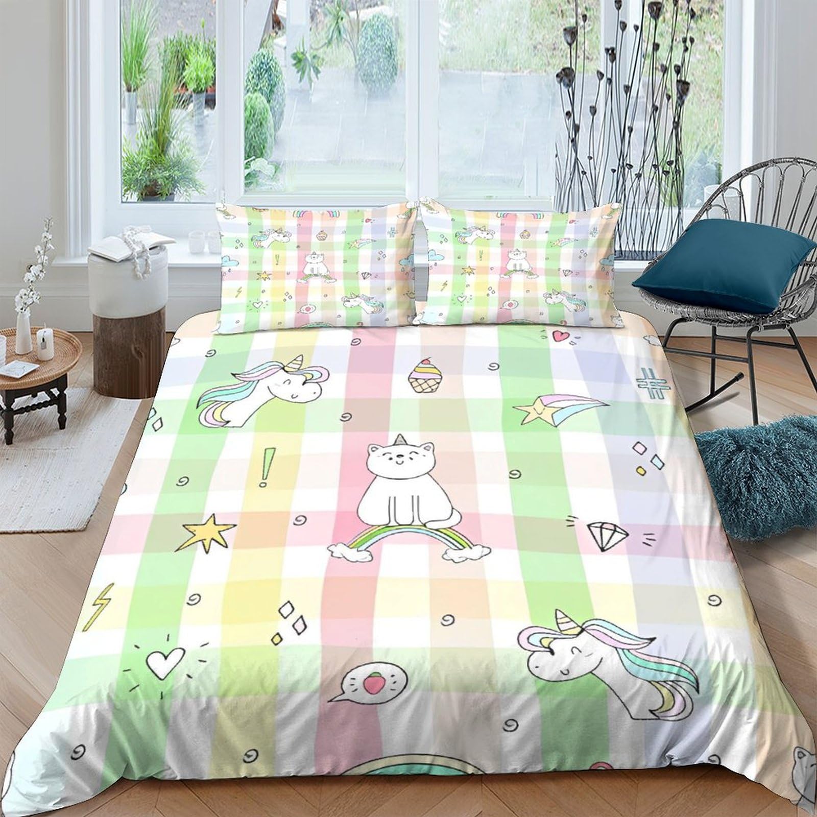 Housse de couette licorne 200x200cm avec zip pour finir avec les couettes qui glissent