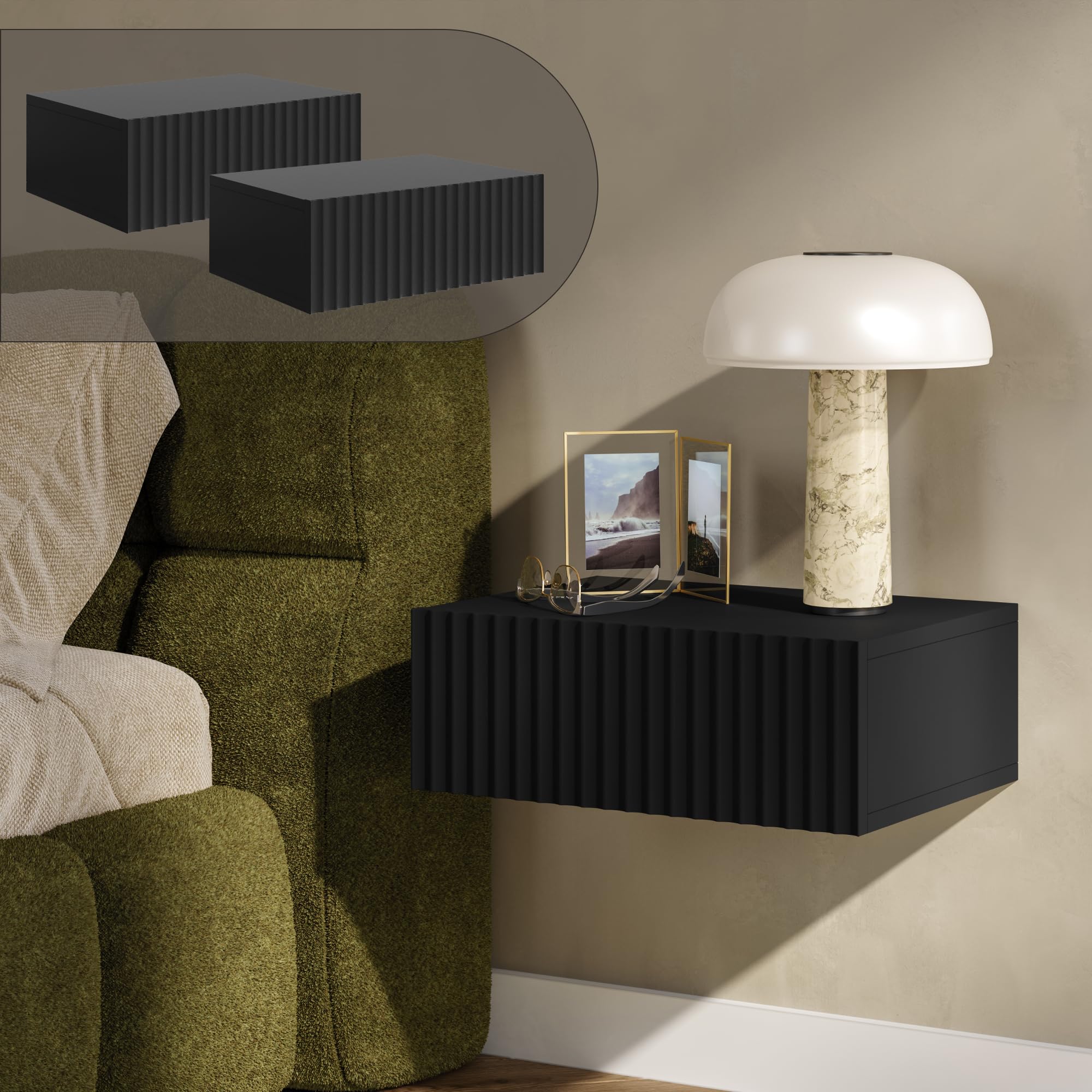 [en.casa] Nachttisch 2er Set hängend Nand 42x30x15 cm Schublade Schwarz | Nachtschrank, Nachtkästchen, Nachtkommode, Wandkonsole, Wandregal mit Schublade, Ablage, Wandmontage, gerillte Front