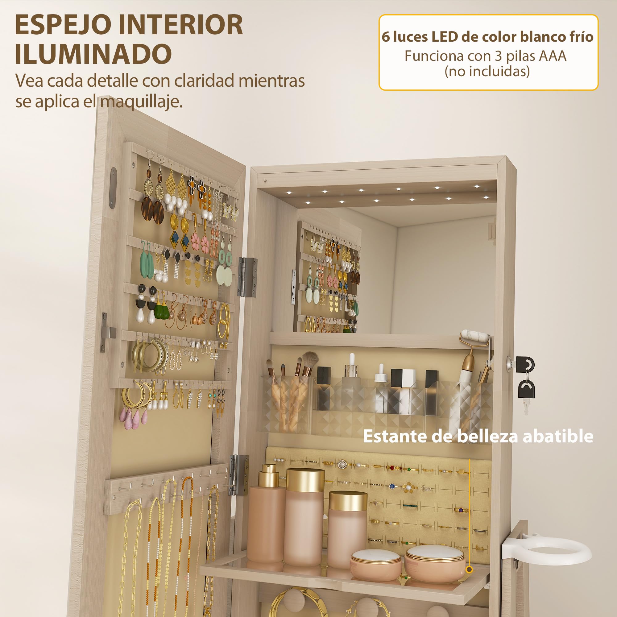 HOMCOM Miroir à bijoux avec éclairage LED, armoire à bijoux, armoire à bijoux avec miroir intégral, pivotant à 360°, tiroir, serrure, étagères ouvertes, support pour sèche-cheveux, naturel