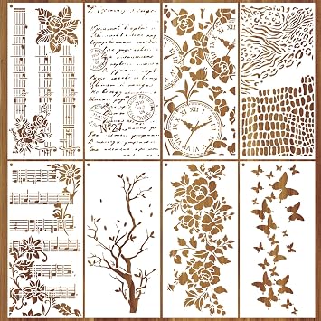 AFRITEE Floral Stencils for Crafts Reusable - 8 Pcs Large Texture Painting Stencils for Wood Furniture Decor, Butterfly Notes Painting Template for DIY Clothes Diary Canvas Creative Decoration