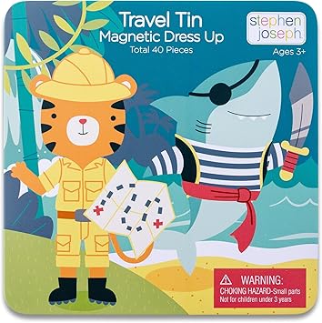 Stephen Joseph, Magnetic Dress Up Dolls 40 PC Play Set Screen-Free Pretend Play Magnetic Case, Ideal for Ages 3+ Travel Game for Kids, Magnetic On The Go Activity Set, Shark and Tiger