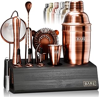 BARE BARREL® Mixology Bartender Kit Bar Set | 14-Piece Cocktail Shaker Set | Martini Barware Mixing Tools for Home Bartending | Incl. 35 Recipe Cards | Gift Set (24oz Cobbler Shaker, Copper/Black)
