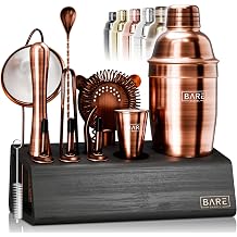 BARE BARREL Mixology Bartender Kit Bar Set | 14-Piece Cocktail Shaker Set | Martini Barware Mixing Tools for Home Bartending | Incl. 35 Recipe Cards | Gift Set 24oz Cobbler Shaker, Copper/Black