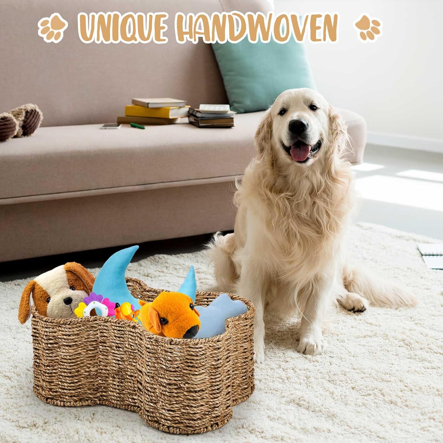 Maxcheck 2 Pcs Dog Toy Basket Bone Shaped Dog Toy Box Bin Handmade Wicker Bone Shaped Basket for Pet Storage Organizer, 2 Sizes 16. 1 x 12. 2 x 7. 1 Inch, 14. 2 x 10. 2 x 6. 3 Inch