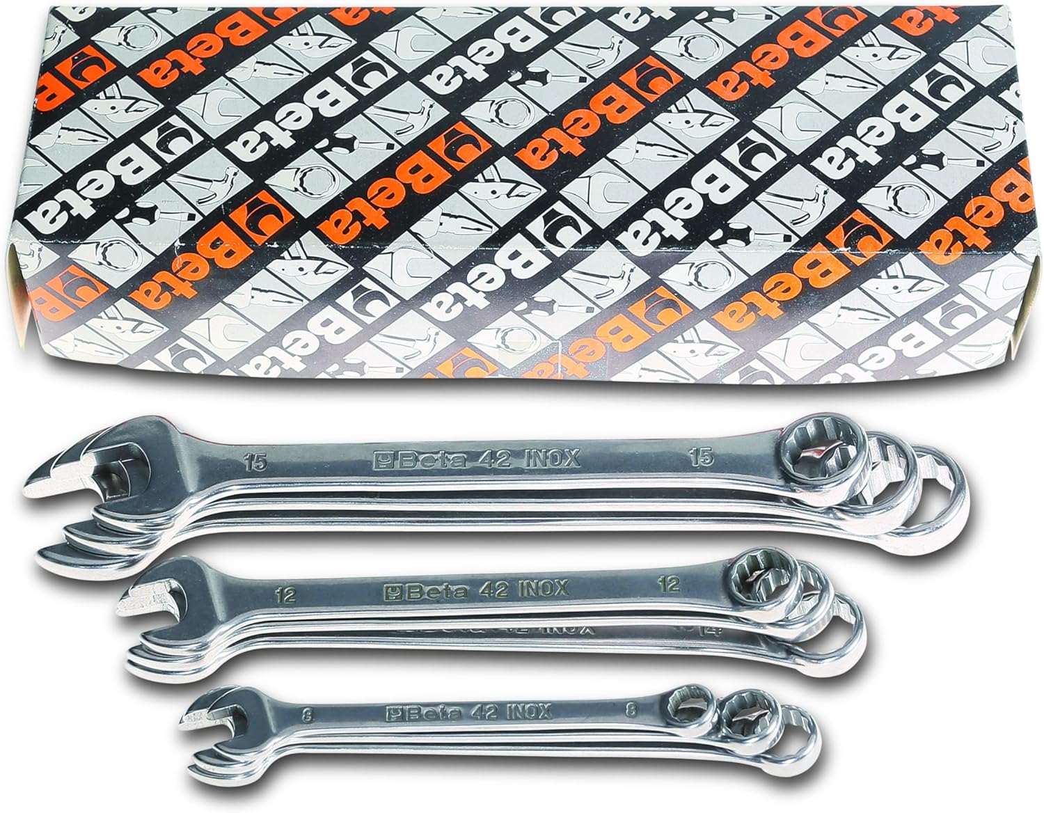 Beta 42INOX Metric 11-Piece Stainless Steel Combination Wrench Set 8-19mm | 12-Point Box End, 15° Offset | Corrosion-Resistant AISI 420 |Food Industry and Clean Room Safe