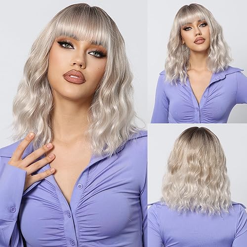 Miniatura 7 de Pelucas cortas onduladas negras para mujer, peluca natural hasta el hombro con flequillo, pelucas sintéticas para cosplay diario