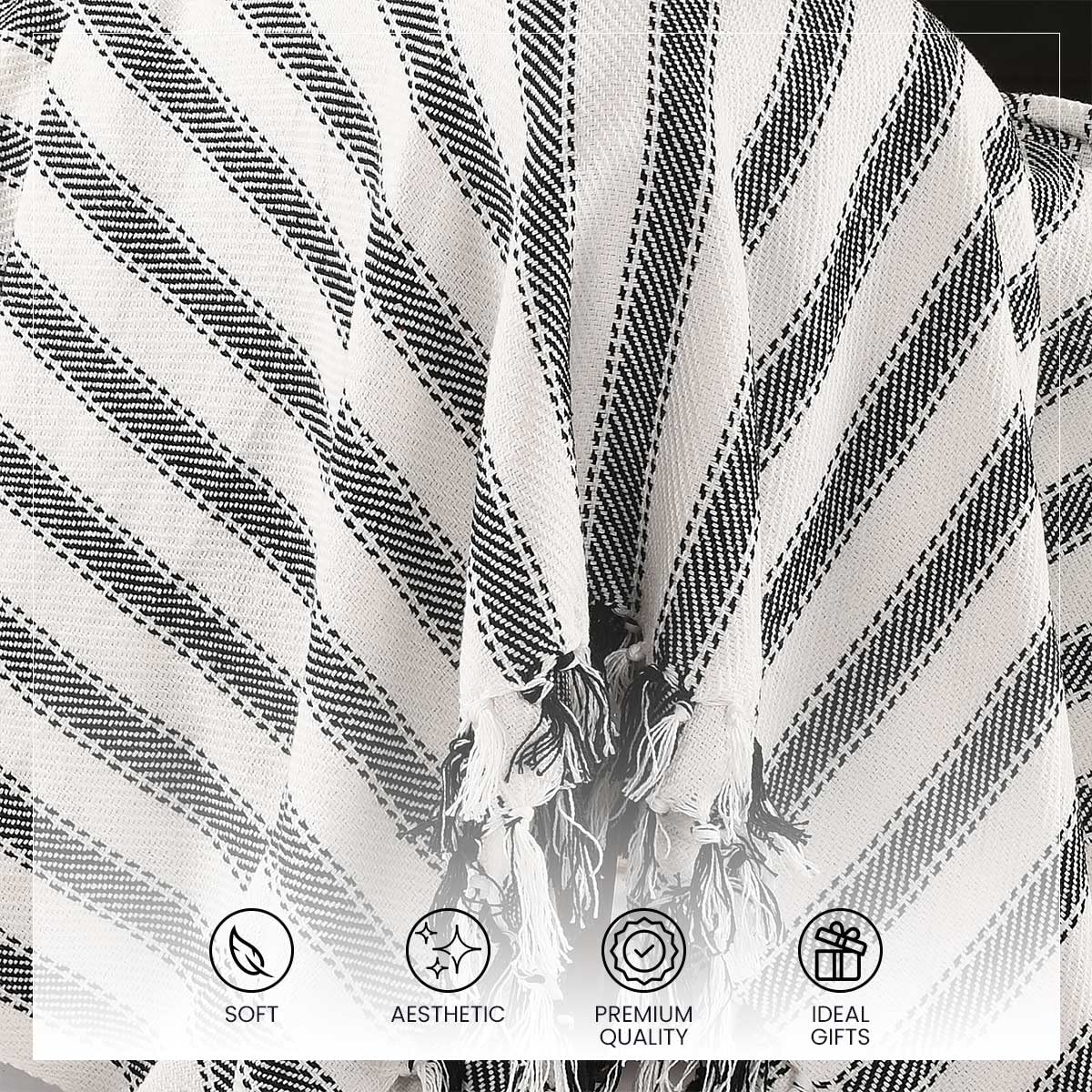 SASHAA WORLD Striped Throw Medium with Tasselled Edges |Throw for Living Room, Bedroom, Sofa & Chair |Black & White Throw Blanket | 180 x130 cm 2