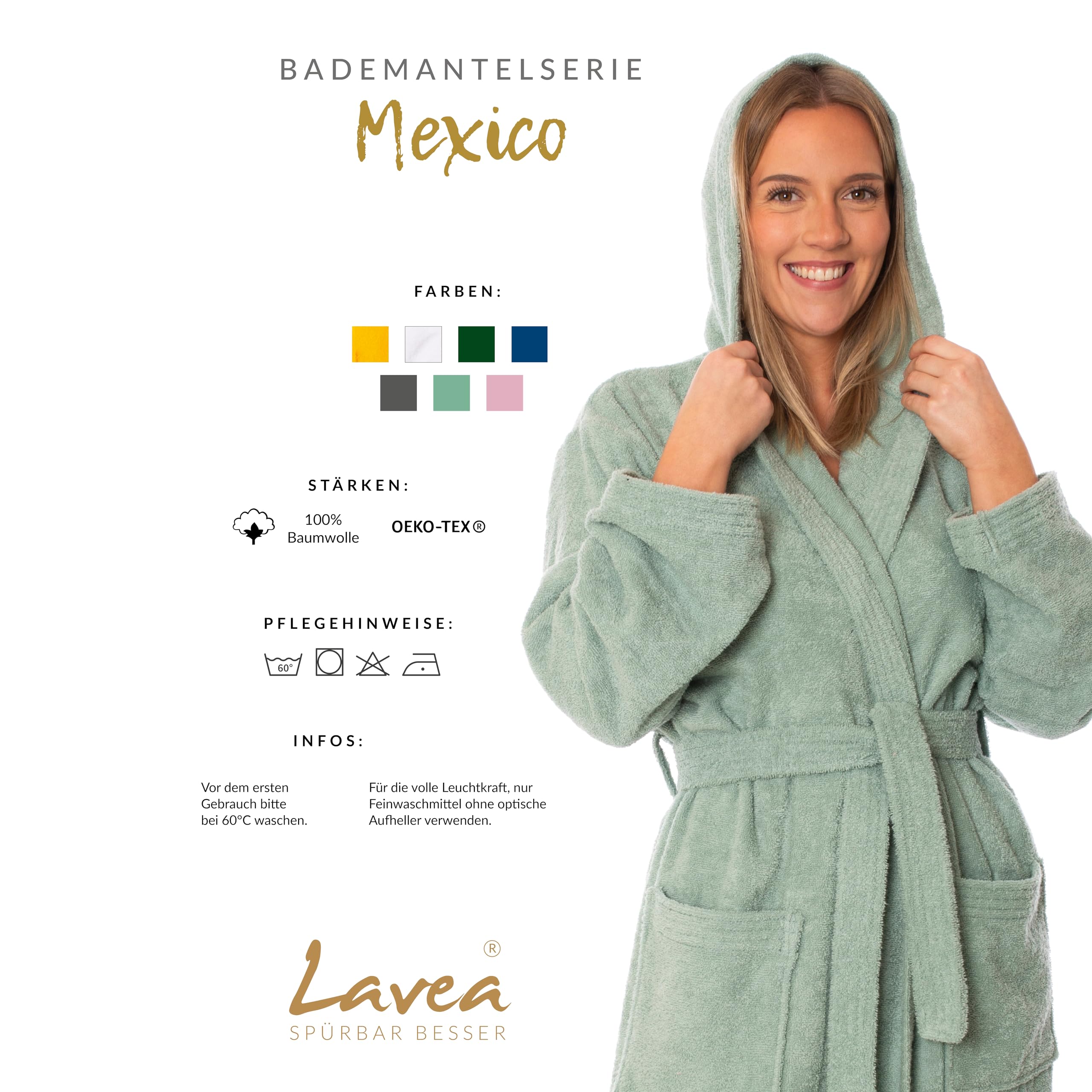 Lavea Mexico – Bademantel Damen & Herren aus 100% Baumwolle – weicher Frottee Morgenmantel mit Kapuze, Unisex Design, Ideal für Sauna & Zuhause, saugstark & pflegeleicht