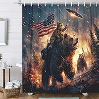 Vista 4 de Cortina de Ducha Divertida de Oso para Niños, Genial Gato Montando Oso en Cabaña Rústica del Bosque Woodland Cortinas de Ducha Divertidísimas