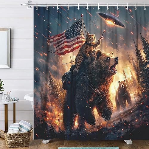 Miniatura 4 de Cortina de Ducha Divertida de Oso para Niños, Genial Gato Montando Oso en Cabaña Rústica del Bosque Woodland Cortinas de Ducha Divertidísimas