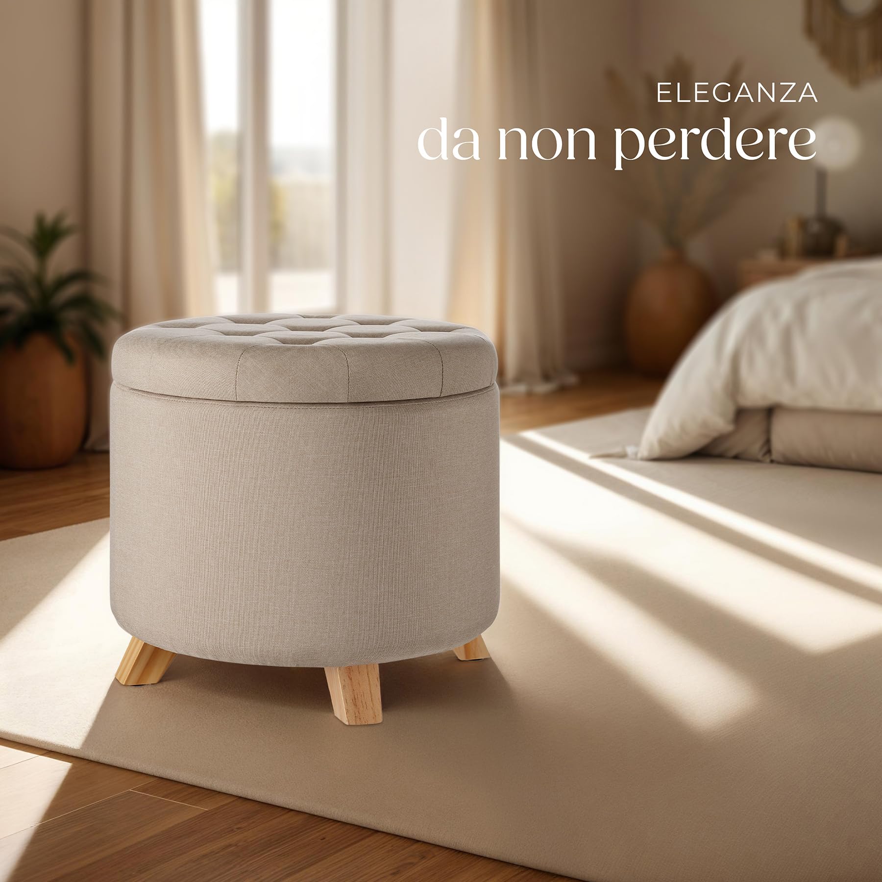 tectake® Sgabello Rotondo in Lino, Pouf Contenitore con Grande Scomparto, Gambe in Legno Massiccio, Capacità di Carico 150 Kg, Ø 44,5 cm, 41,5 cm di Altezza - Sabbia