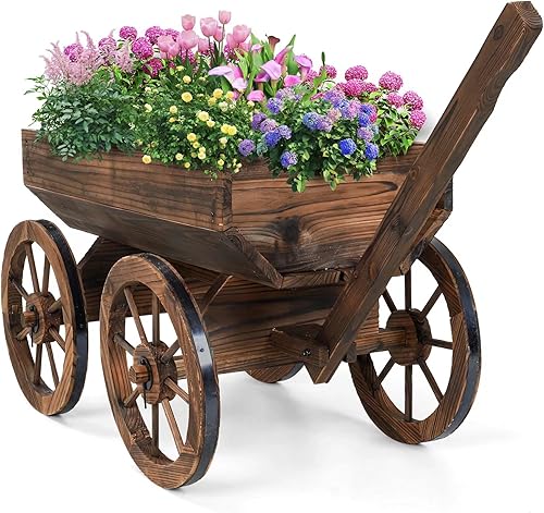 Maceta de madera para decoración de balcón al aire libre, carrito de flores de madera rústica con ruedas para decoración de jardín exterior, maceta