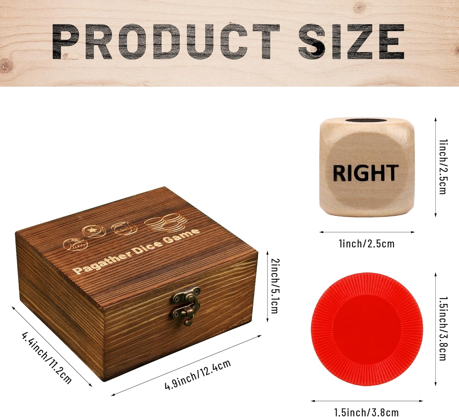 Fun Left Right Roll Dice Game Set, Include 3 1-inch Wooden Dices 48 Pcs Chips in Wooden Box, Easy to Store and Carry Around for Travel(Wood)