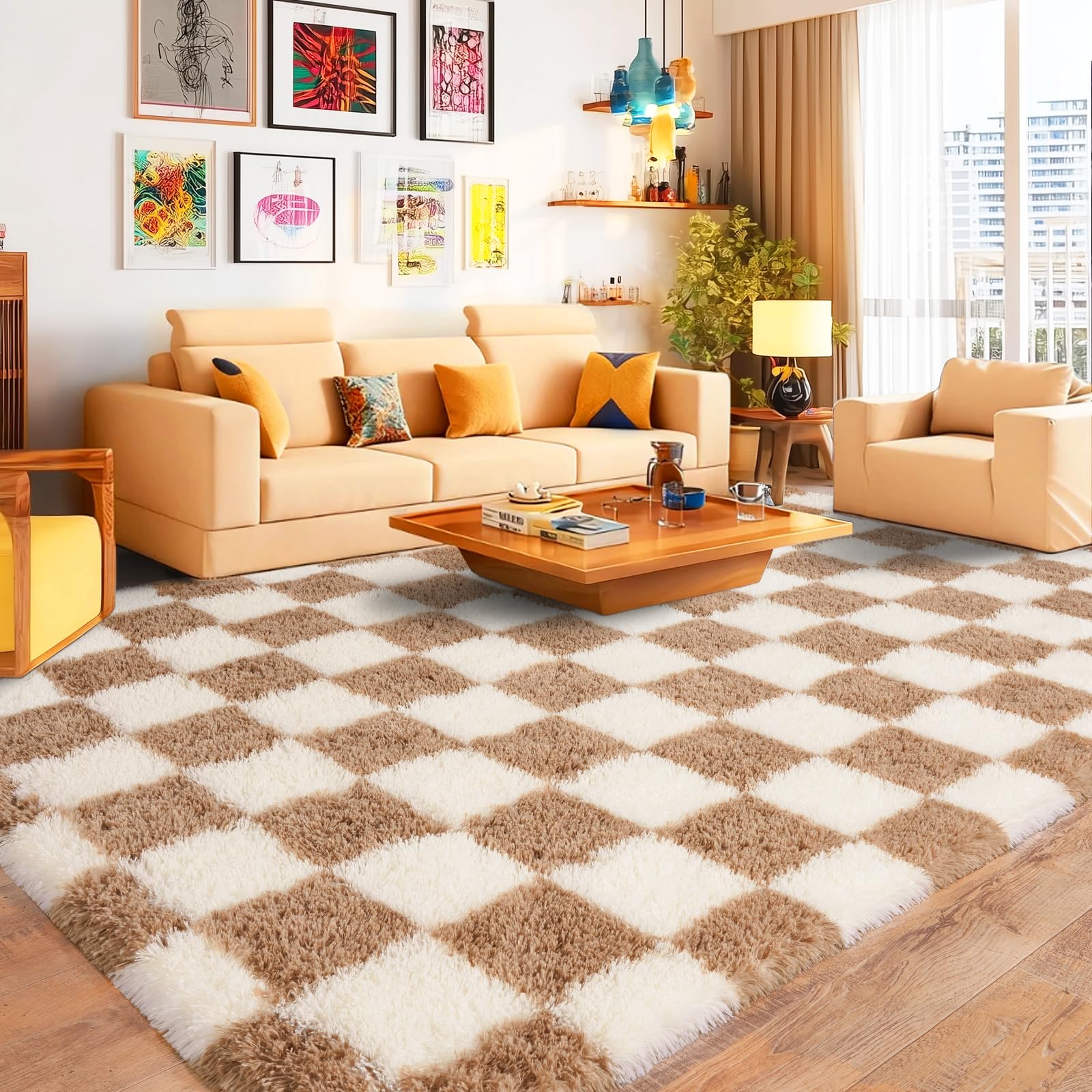 8x10 Area Rugs for Living Room Fluffy Plush Checkered Rug for Bedroom Shag Non Slip Soft Furry Large