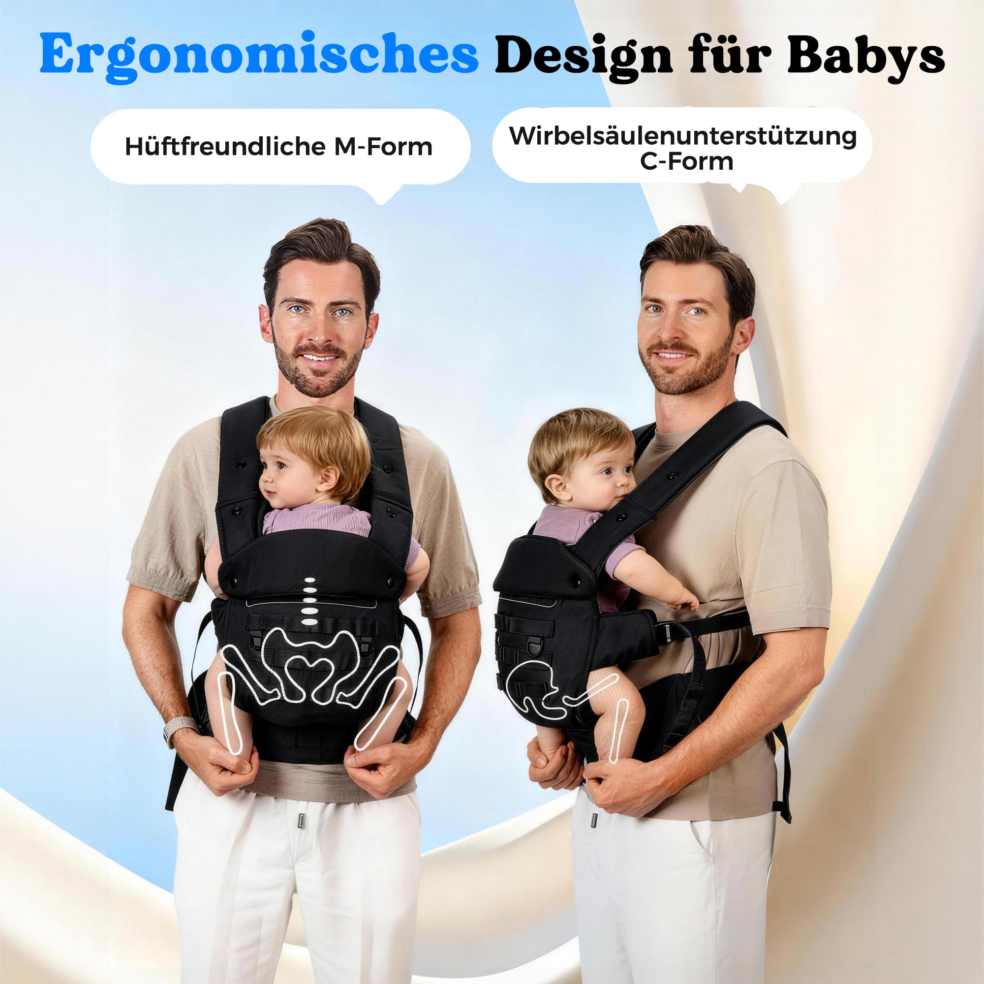Babytrage für Papa, Ergonomische Baby Trage mit Hüftgesunde (4-36 Monate), 3-in-1 Baby Carrier für 3,5-15kg, Leicht, Atmungsaktive, Einhandbedienung für Unterwegs & Reisen Schwarz