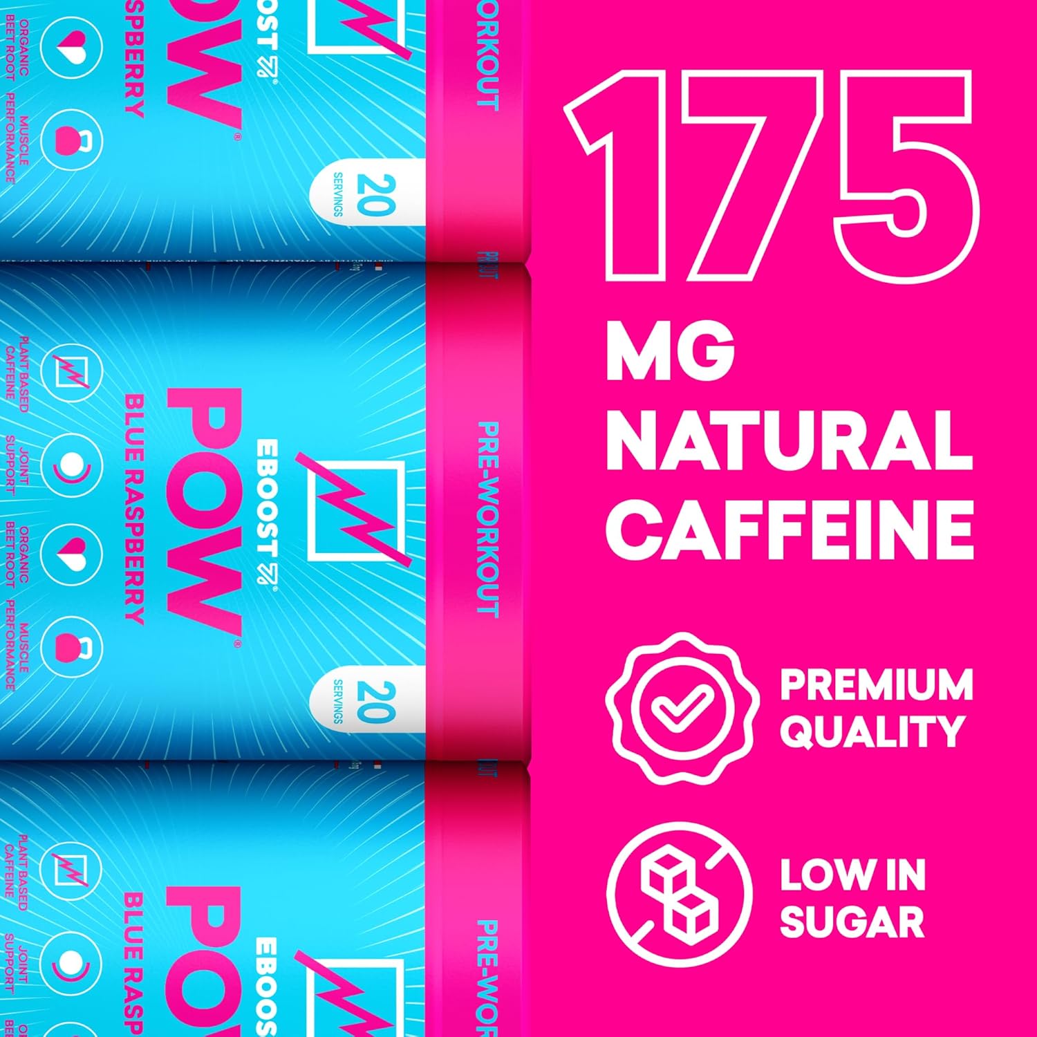 EBOOST POW Natural Pre Workout Powder – 20 Servings - Blue Raspberry - A PreWorkout Supplement for Performance, Joint Mobility Support, Energy - Men and Women - Non-GMO, Gluten-Free, No Creatine