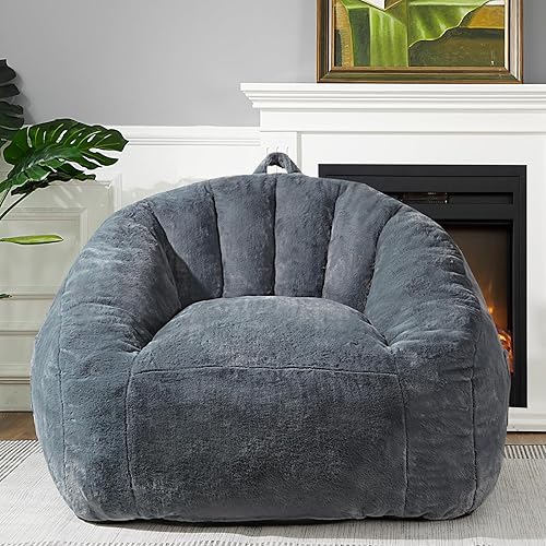 Giant Bean Bag Chair for Adults and Kids, BeanBag Couch Filler with Memory Foam, Ergonomic Faux Fur Shell-Shaped Boneless Chair and Reading Living Room, Bedroom, Grey