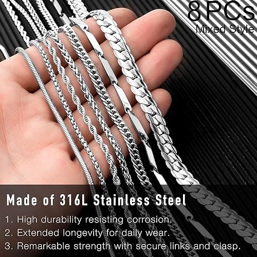 Miniatura 4 de stino 78PCs Stainless Steel Chain Necklace Set for Men Women, Silver Tone Necklace Chains Bulk, Figaro Chain, Snake Chain, Cuban Link Chain, Rope